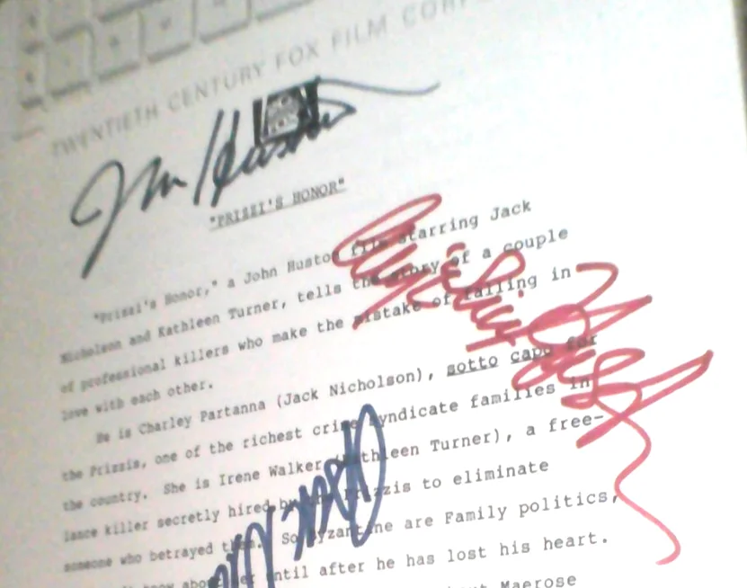 Jack Nicholson Angelica Huston John Huston Kathleen Turner — Jack Nickolson Kathleen Turner John Huston A Huston signed Prizzi's Honor P Page, image 3