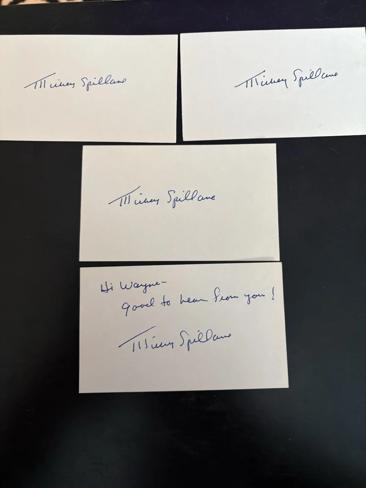 Mickey Spillane — Mickey Spillane, Author, Lot Of 4 Signed Autographed Index Cards, Personalized