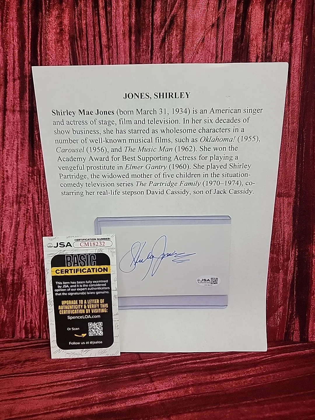 SHIRLEY JONES — SHIRLEY JONES INDEX CARD Autograph Auto singed JSA COA MOVIE STAR RARE NICE, изображение 2