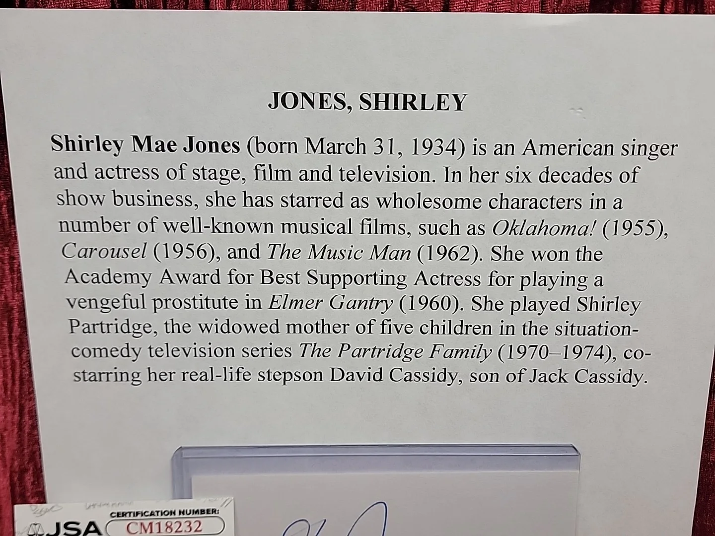 SHIRLEY JONES — SHIRLEY JONES INDEX CARD Autograph Auto singed JSA COA MOVIE STAR RARE NICE, изображение 5