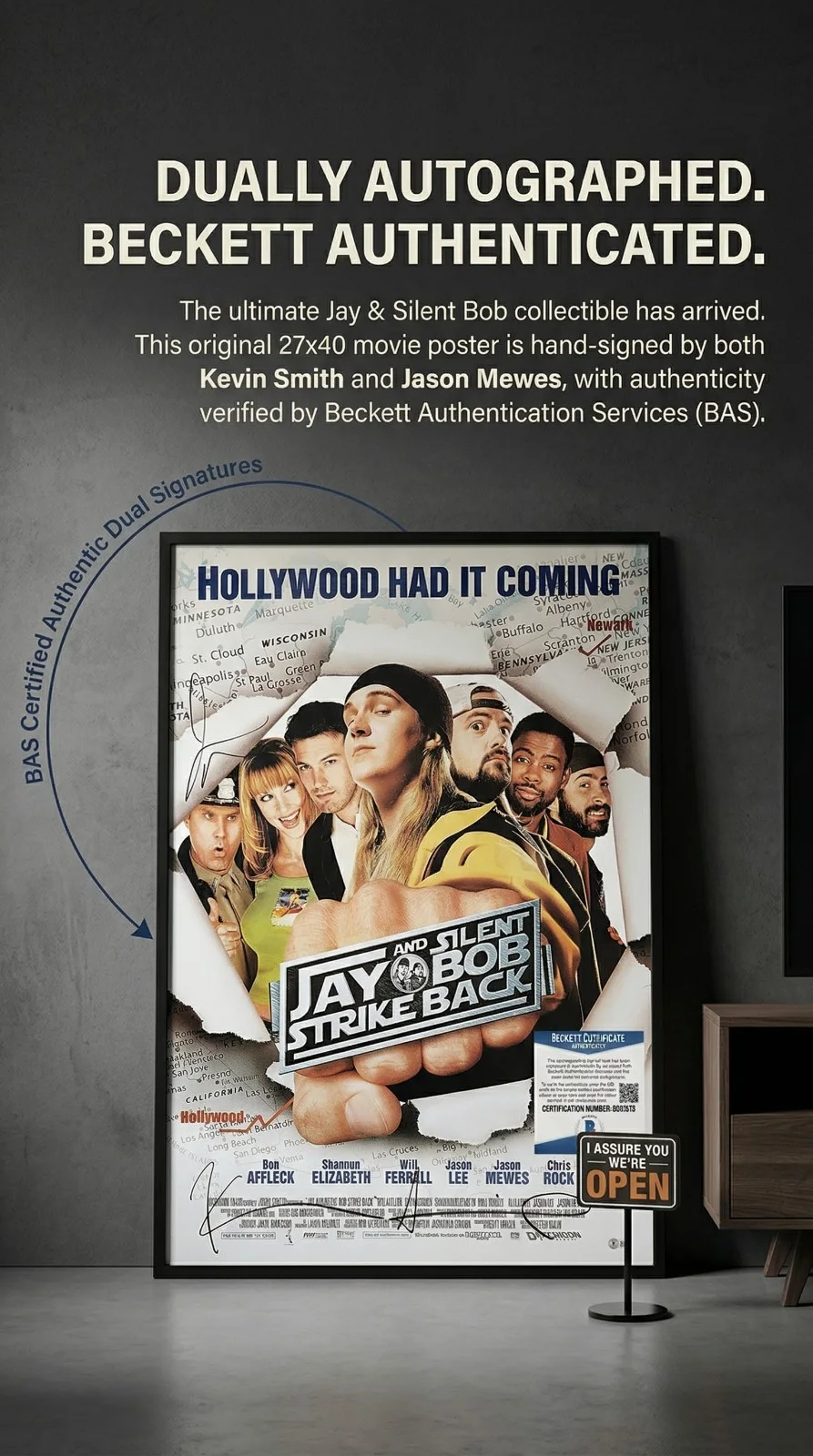 Kevin Smith — Kevin Smith Jason Mewes Signed Jay And Silent Bob Strike Back Poster Beckett COA, изображение 2