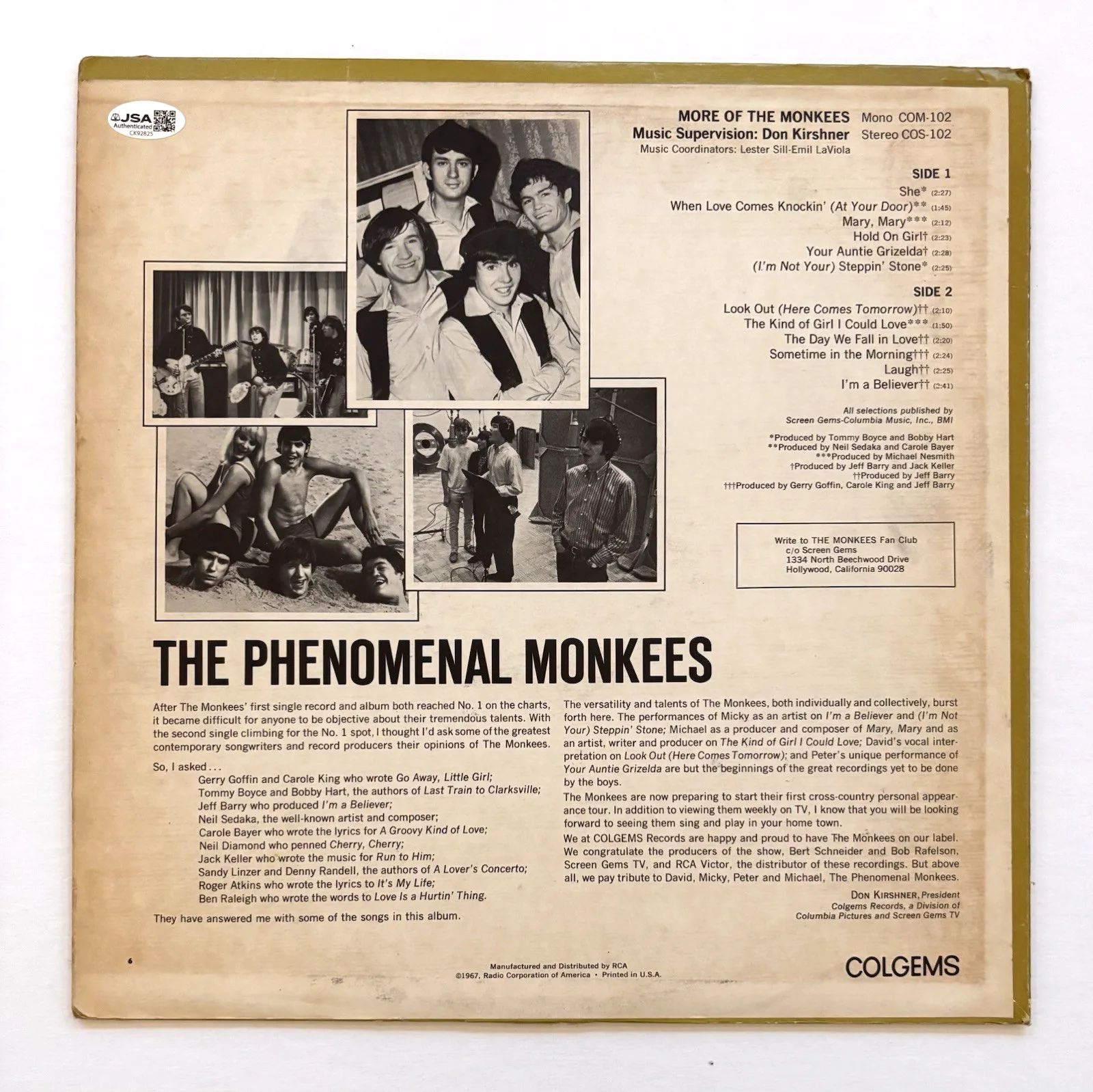 THE MONKEES Signed MORE OF Vinyl Record JSA COA x3 DAVY JONES Micky Dolenz TORK, изображение 5