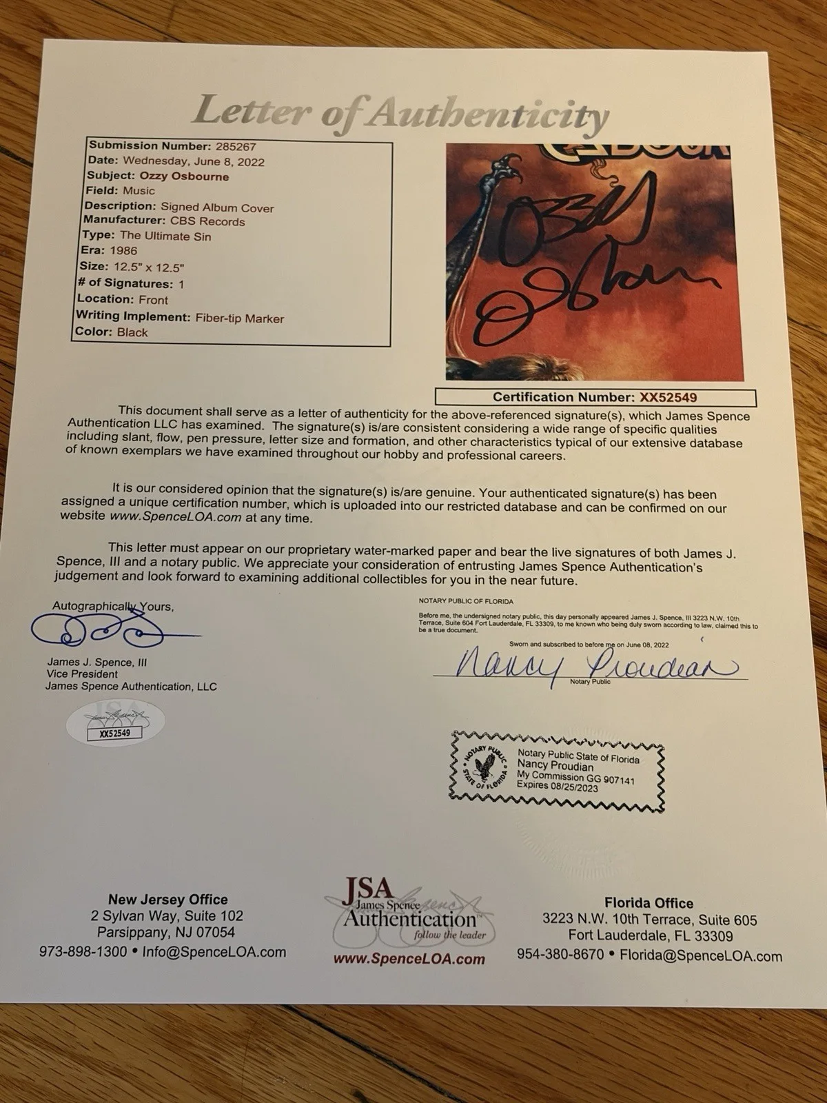 Ozzy Osbourne The Ultimate Sin Signed Autographed Vinyl LP JSA Authentic, image 4