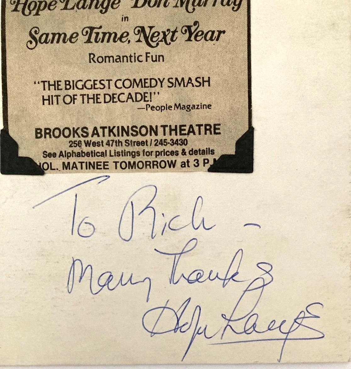 Hope Lange — SIGNED Hope Lange 5x8" Card with BROADWAY "Same Time Next Year" ADVERTISEMENT, image 2
