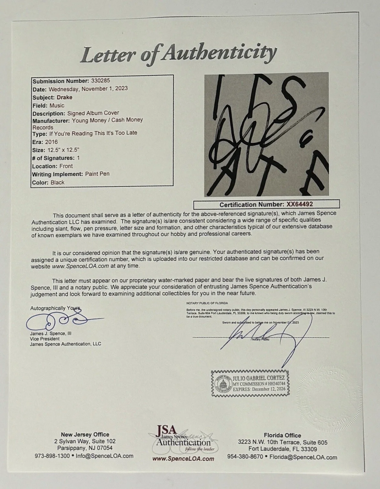 DRAKE SIGNED IF YOURE READING THIS ITS TOO LATE VINYL RECORD ALBUM LP - JSA LOA, изображение 4