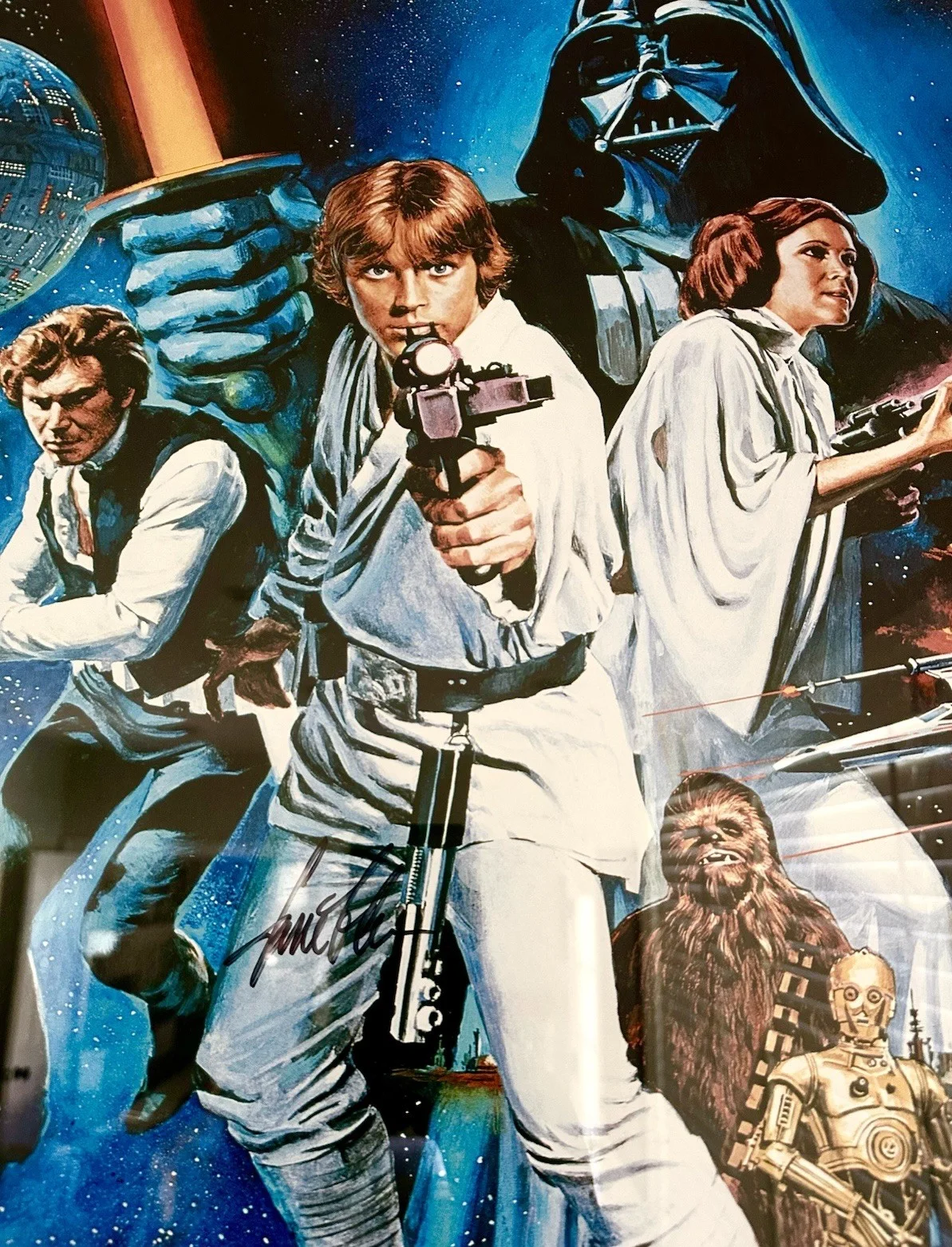Mark Hamil, Carrie Fisher, George Lucas, Harrison Ford — Star Wars Original 1977 Poster Signed by Lucas, Hamel, Fisher, Ford Framed Rare, image 2