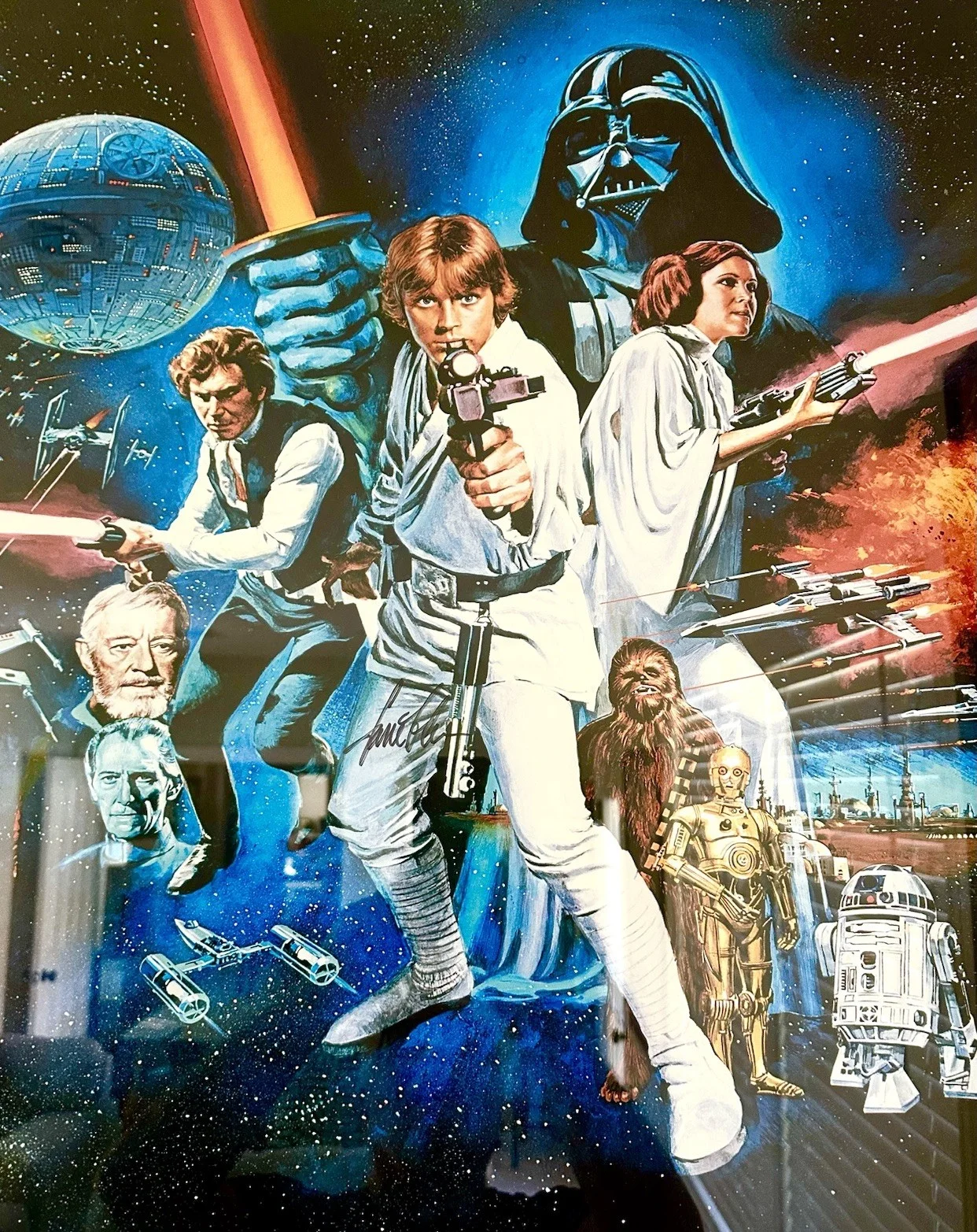 Mark Hamil, Carrie Fisher, George Lucas, Harrison Ford — Star Wars Original 1977 Poster Signed by Lucas, Hamel, Fisher, Ford Framed Rare, image 3