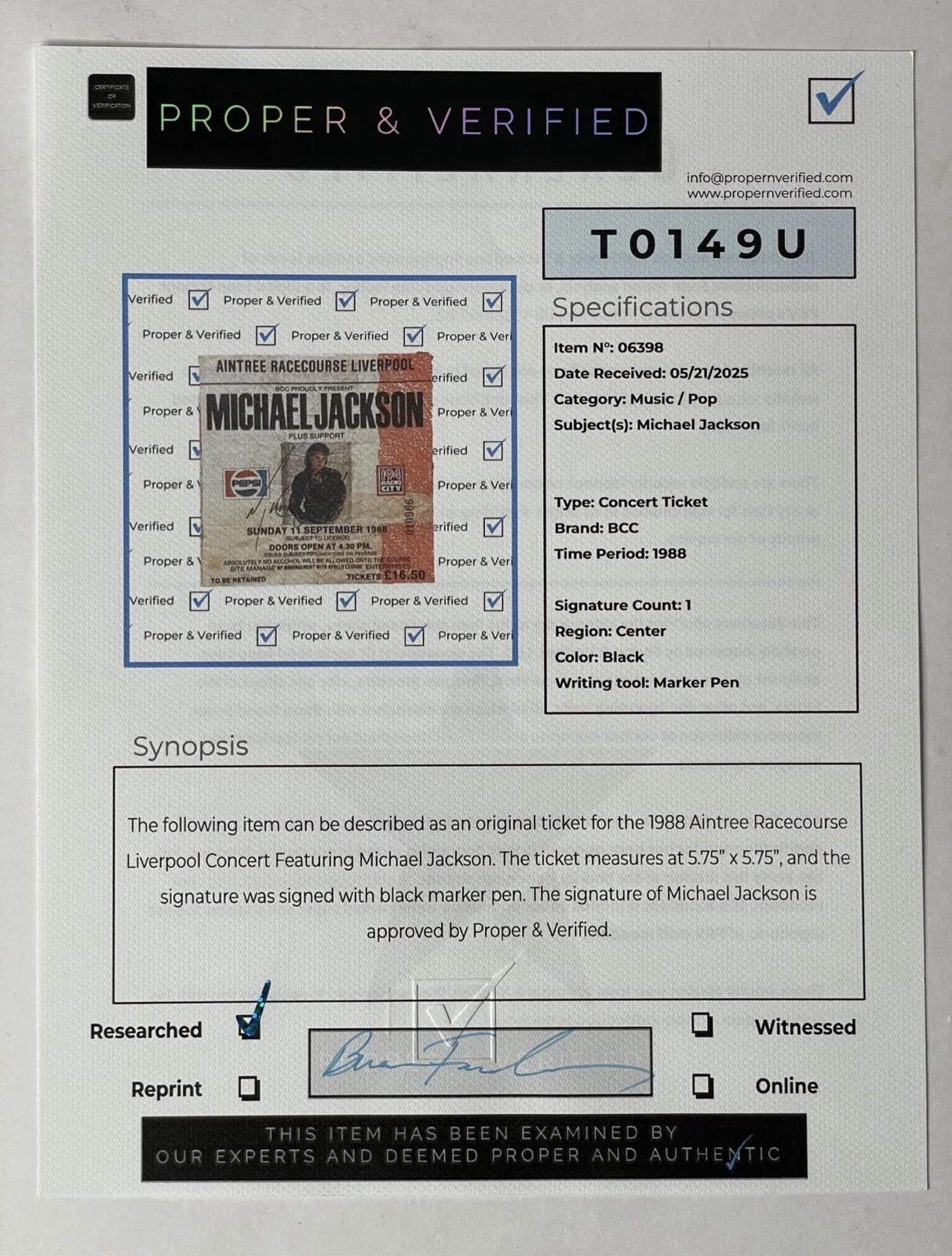 Michael Jackson Signed 1988 “Bad World Tour” Liverpool Concert Ticket, image 5