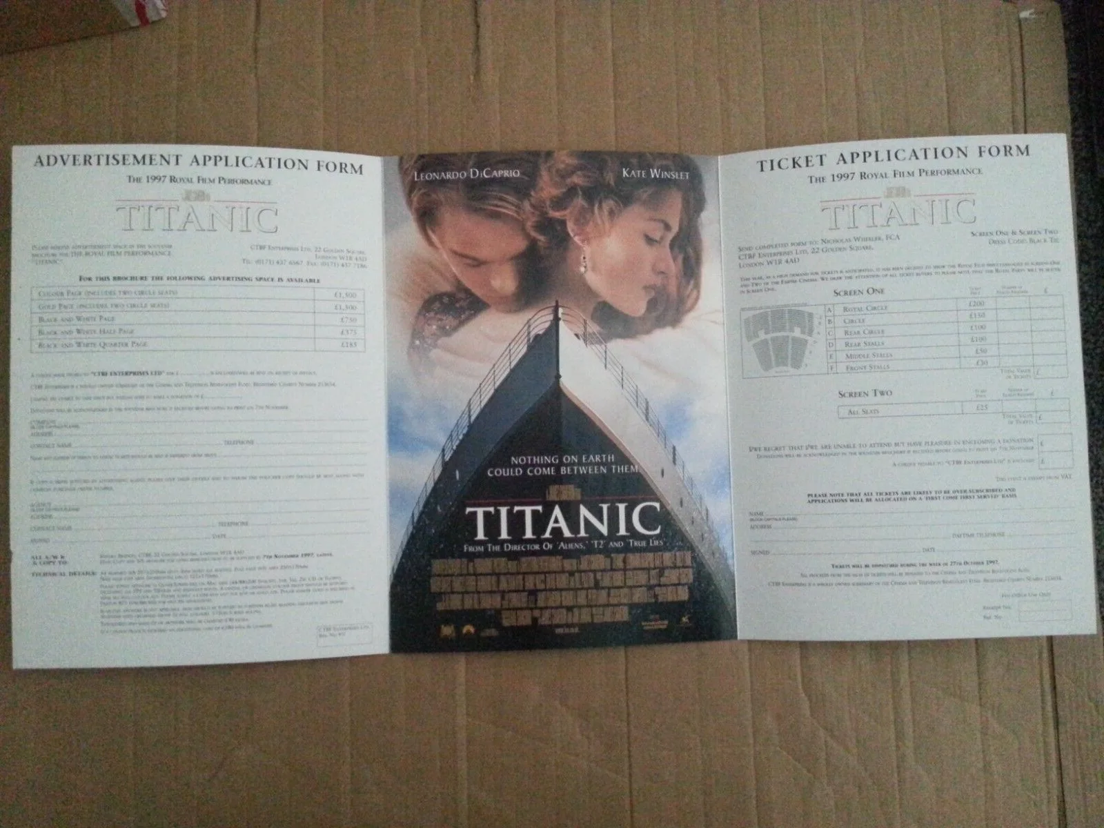 TITANIC ROYAL FILM PREMIERE TICKET APPLICATION FORM SYNOPSIS Empire Cinema 1997, image 2