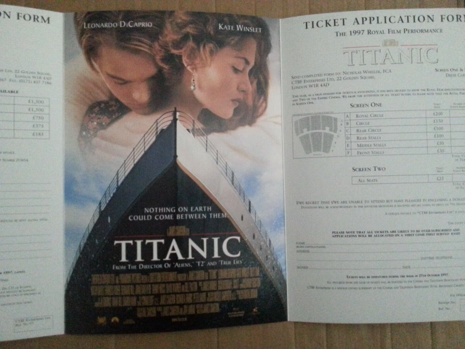 TITANIC ROYAL FILM PREMIERE TICKET APPLICATION FORM SYNOPSIS Empire Cinema 1997, image 3