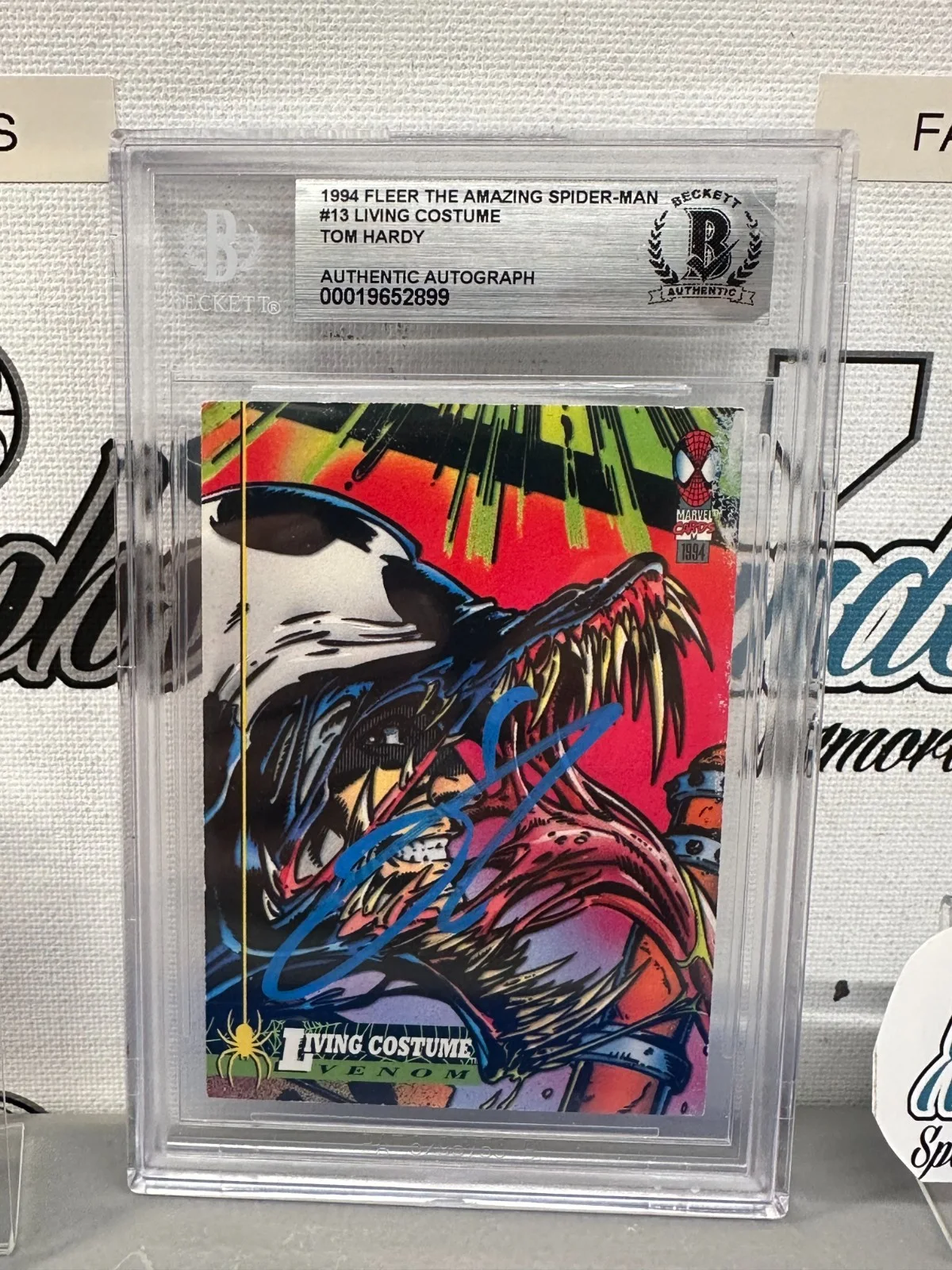 BATMAN BANE DARK KNIGHT DUNKIRK LAST DANCE EDDIE BROCK — TOM HARDY SIGNED AUTOGRAPHED VENOM 1994 FLEER SPIDER-MAN CARD BECKETT BAS SLAB, image 2
