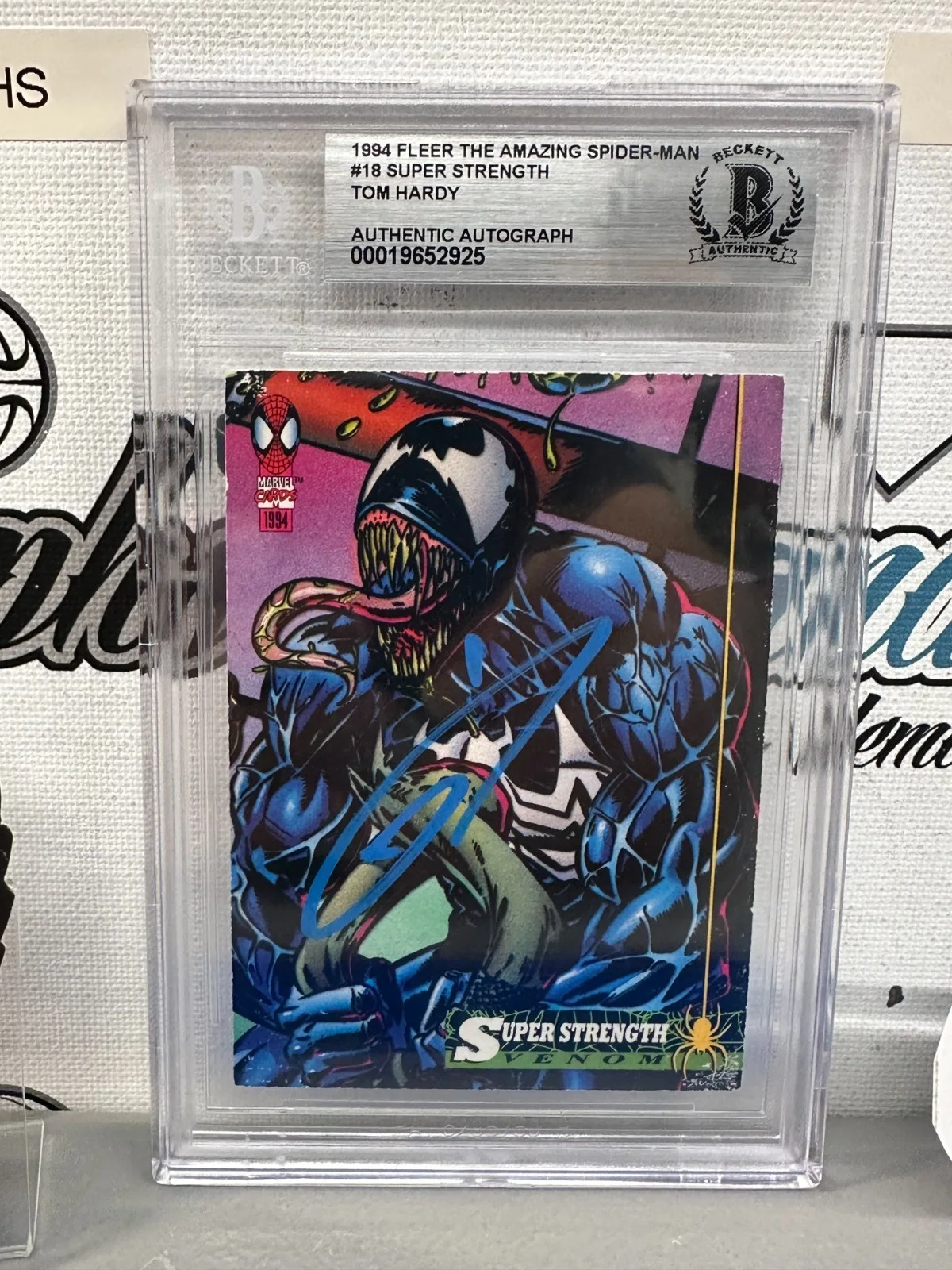 BATMAN BANE DARK KNIGHT DUNKIRK LAST DANCE EDDIE BROCK — TOM HARDY SIGNED AUTOGRAPHED VENOM 1994 FLEER SPIDER-MAN CARD BECKETT BAS SLAB, image 2