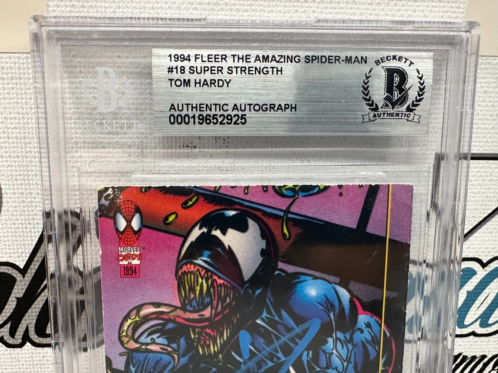 BATMAN BANE DARK KNIGHT DUNKIRK LAST DANCE EDDIE BROCK — TOM HARDY SIGNED AUTOGRAPHED VENOM 1994 FLEER SPIDER-MAN CARD BECKETT BAS SLAB, image 5
