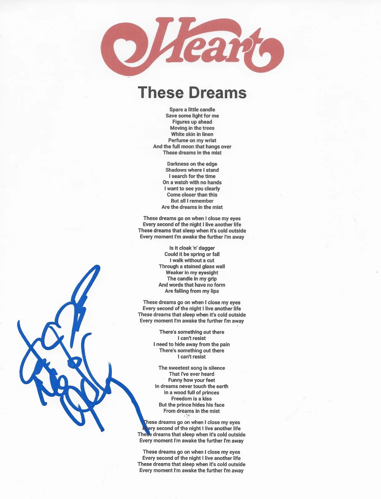 Nancy Wilson Signed Heart These Dreams Lyrics Sheet COA Exact Proof Autographed, image 2