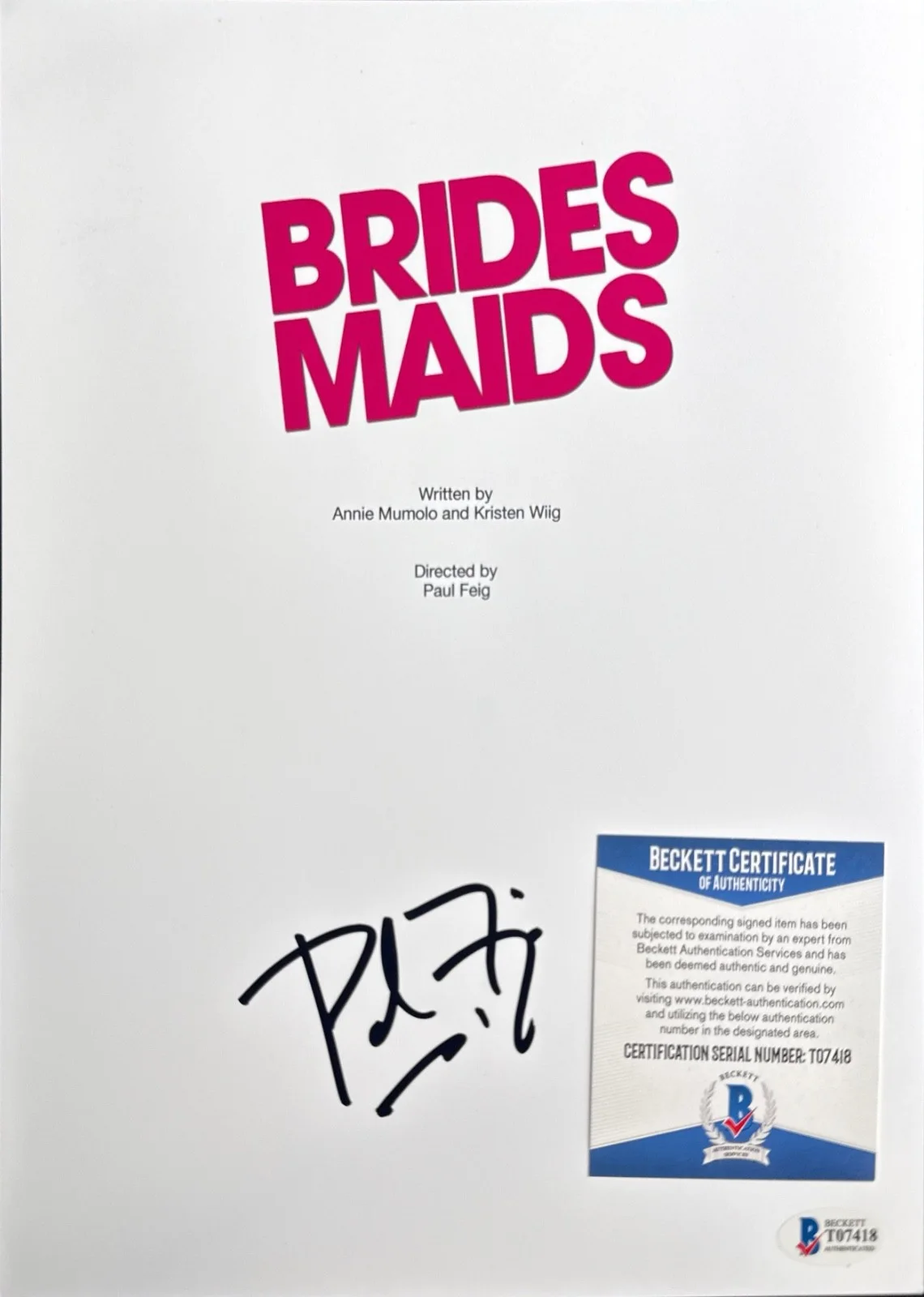 Paul Feig — Paul Feig Signed 8x10 Brides Maids Script Cover Only BAS T07418, image 2