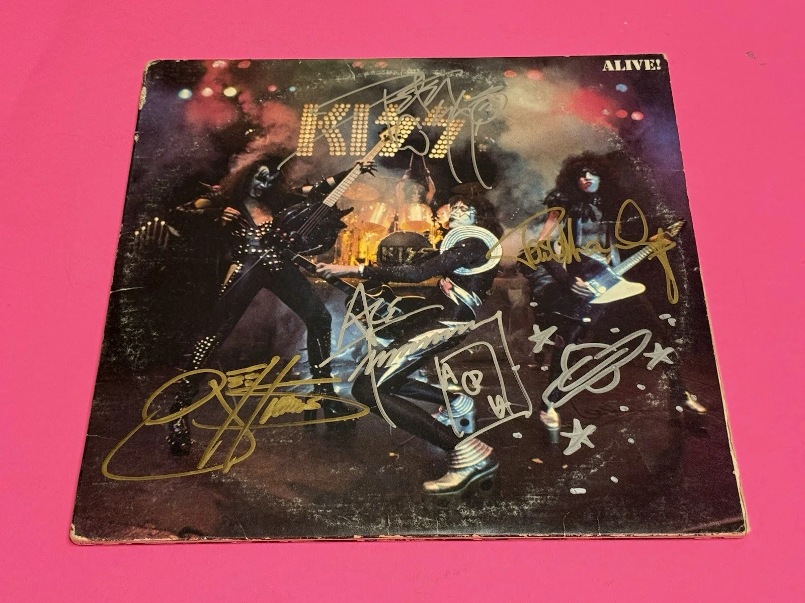 KISS x4 ENTIRE BAND SIGNED ALIVE VINYL LP STANLEY SIMMONS FREHLEY CRISS JSA LOA, изображение 2