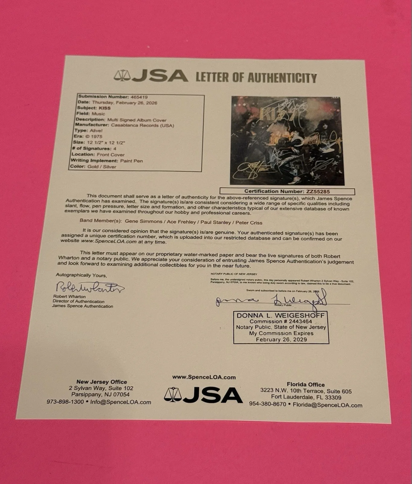 KISS x4 ENTIRE BAND SIGNED ALIVE VINYL LP STANLEY SIMMONS FREHLEY CRISS JSA LOA, изображение 5
