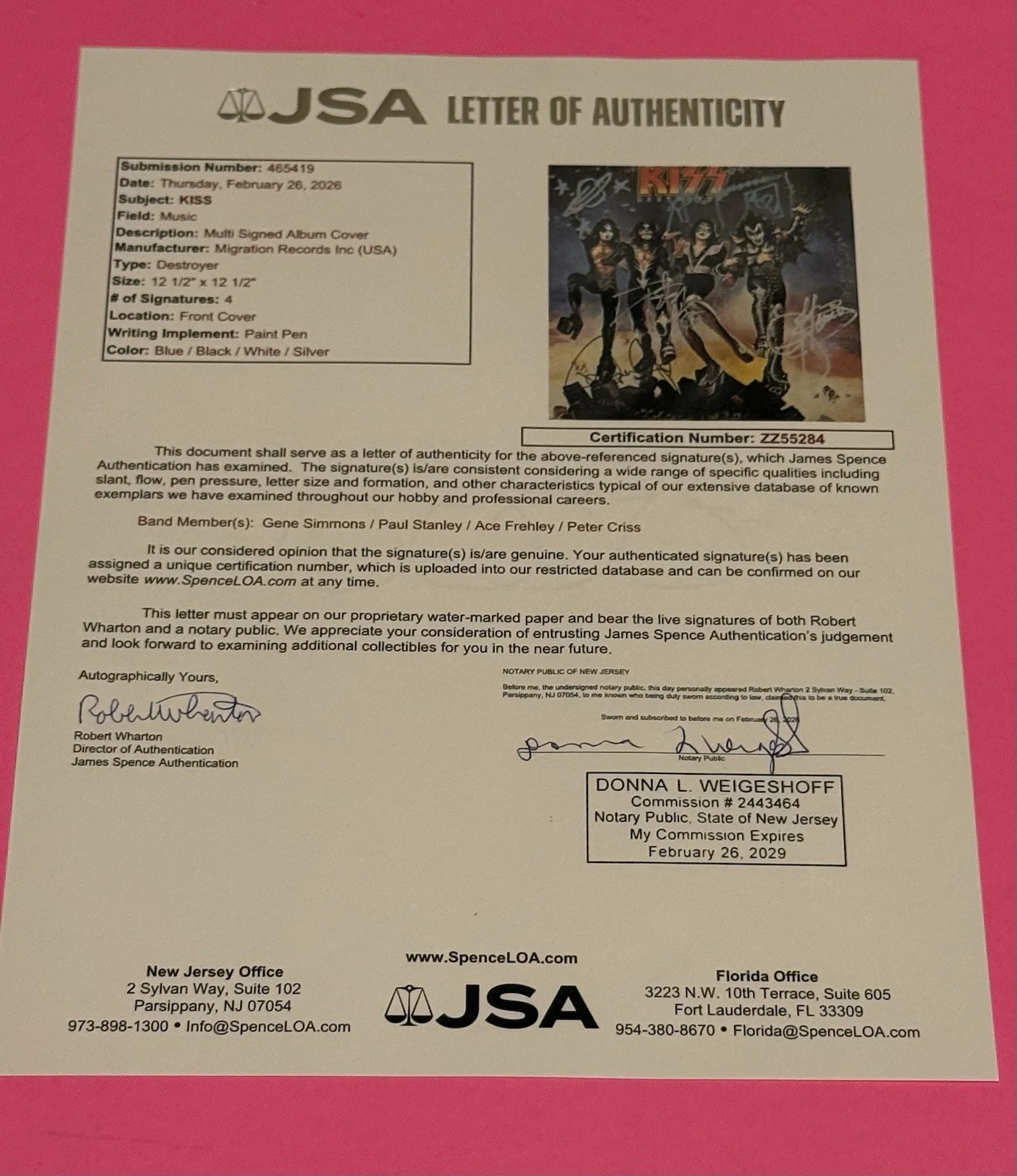 KISS x4 ENTIRE BAND SIGNED DESTROYER VINYL STANLEY SIMMONS FREHLEY CRISS JSA COA, изображение 2