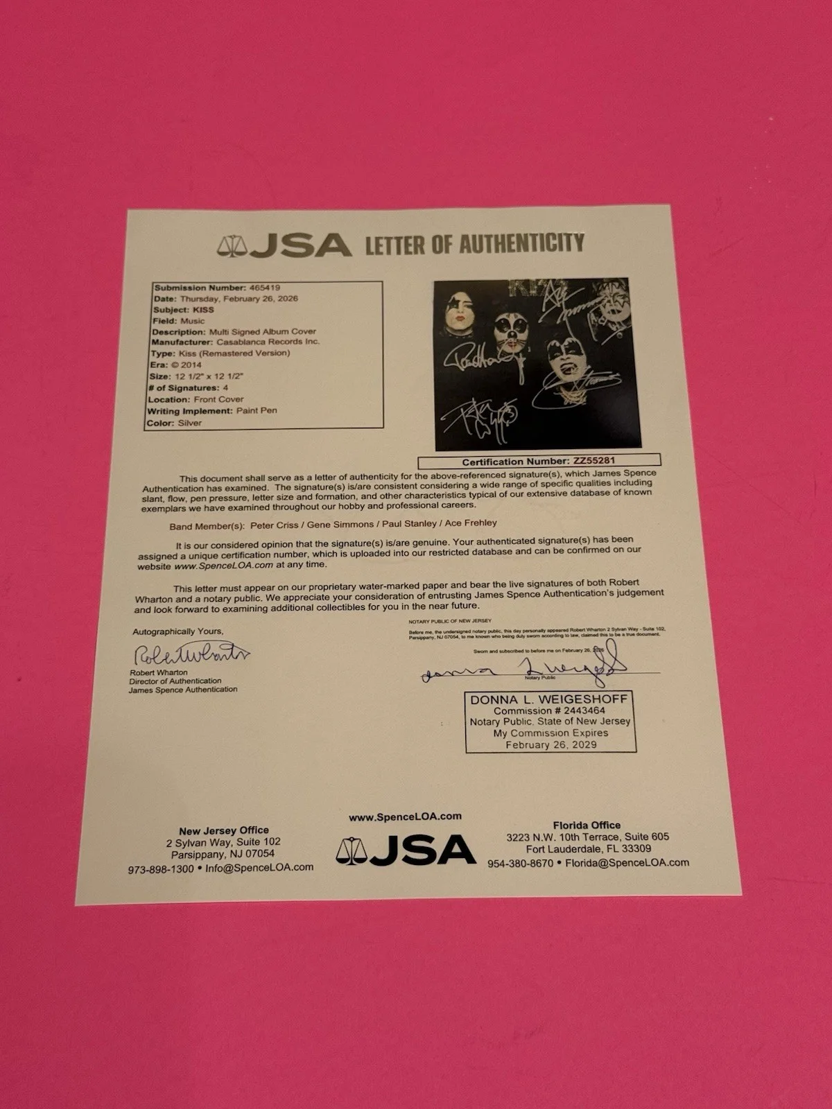 KISS x4 BAND SIGNED 1974 KISS VINYL LP STANLEY SIMMONS FREHLEY CRISS JSA COA, изображение 4