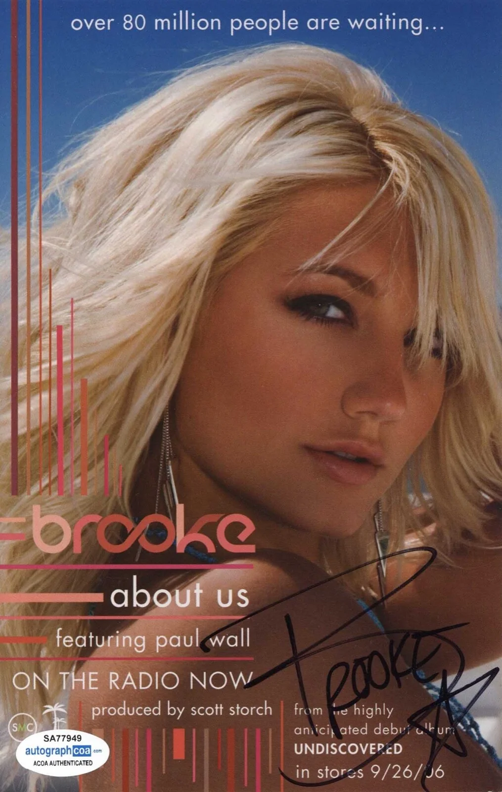 BROOKE HOGAN — Brooke Hogan signed "ABOUT US" 5x9 Promo Photo e WWE Hulk Hogan SEXY ACOA COA, изображение 3