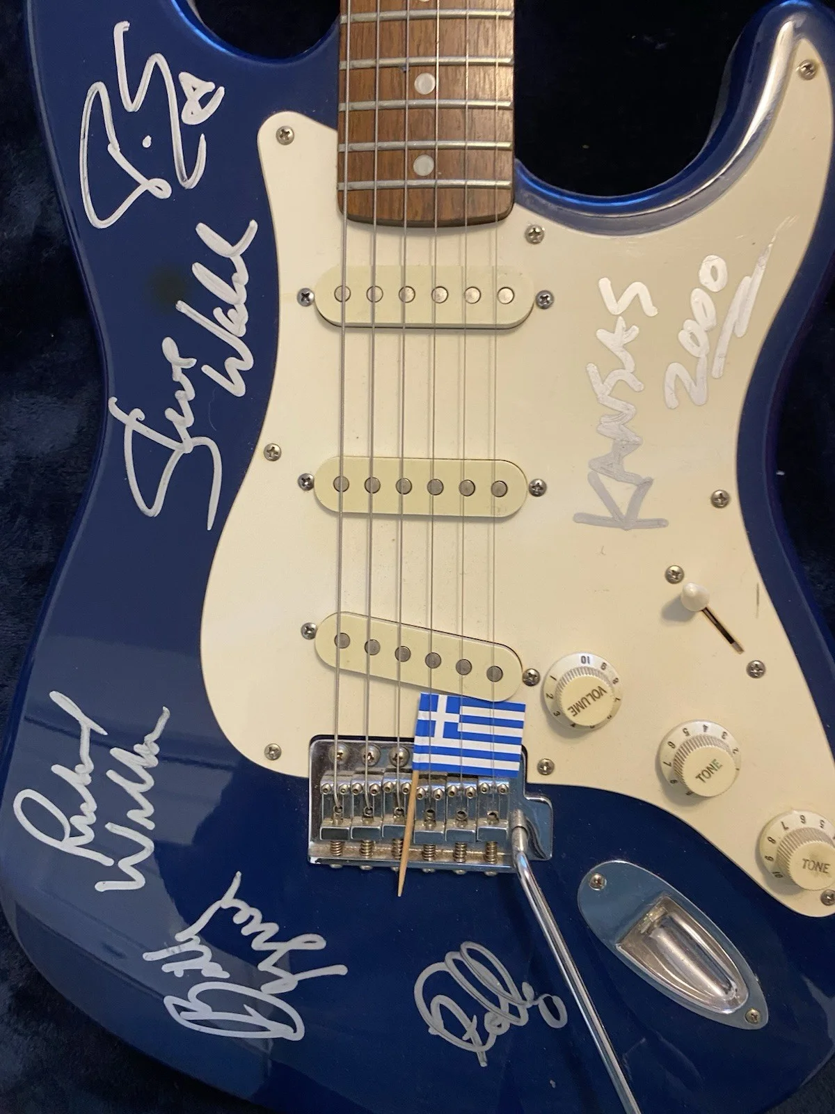 Squier Stratocaster Blue Electric Guitar Autographed by Multiple Artists, image 2