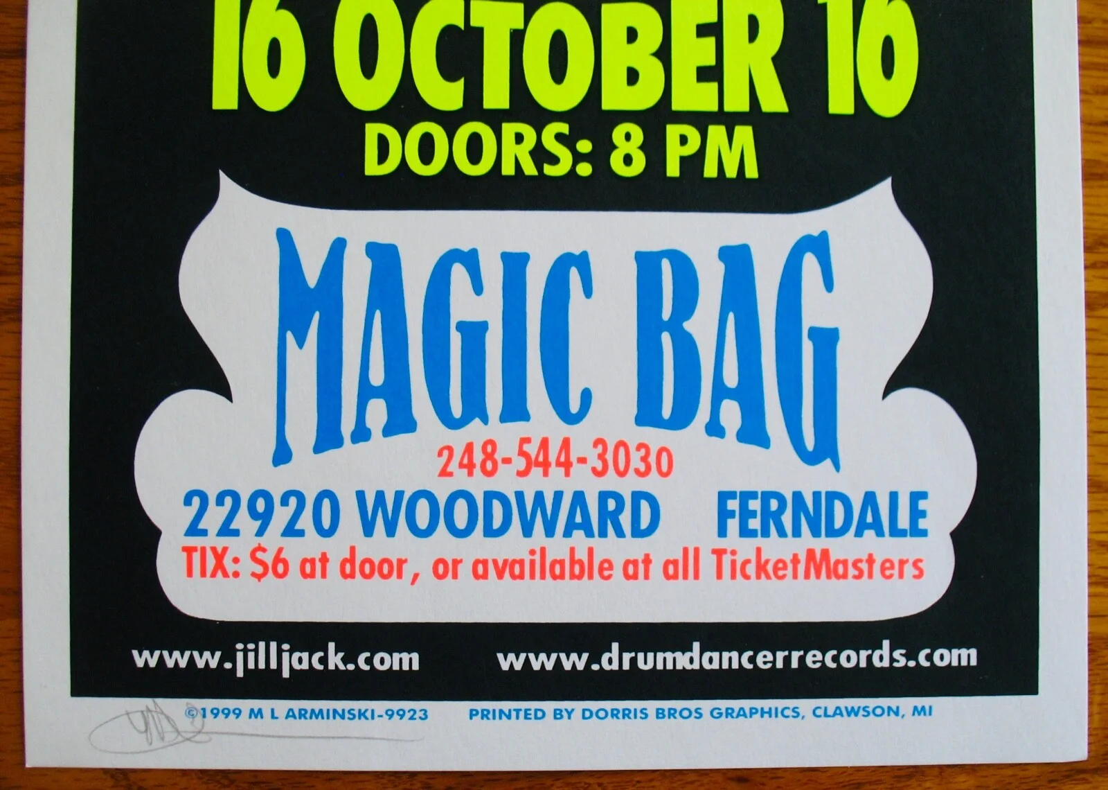 JILL JACK BAND~HARBINGER'S MILE~Mark Arminski Signed Poster~1999 MAGIC BAG, изображение 2