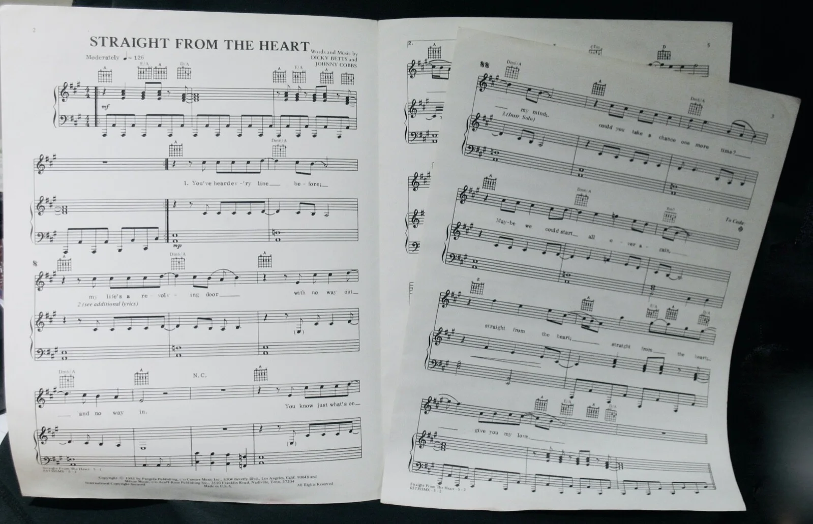 THE ALLMAN BROTHERS~Straight From The Heart~Sheet Music Signed By Gregg & Dickie, изображение 2