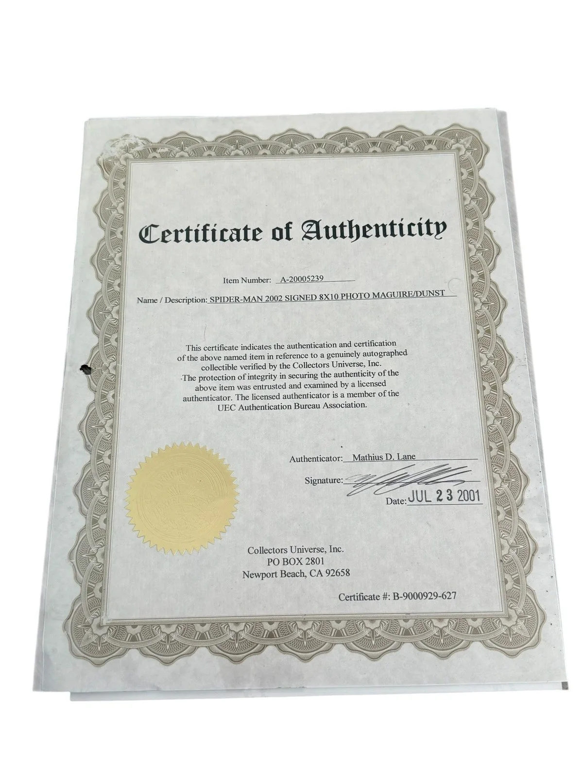 Tobey Maguire x Kirsten Dunst — TOBEY MAGUIRE & KIRSTEN DUNST SIGNED 8x10 SPIDERMAN PHOTO WITH CERTIFICATE, изображение 3