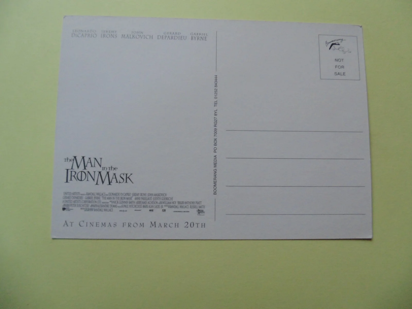 Film Promotional Card: The Man in the Iron Mask, D'rtagnan, Gabriel Byrne, изображение 2