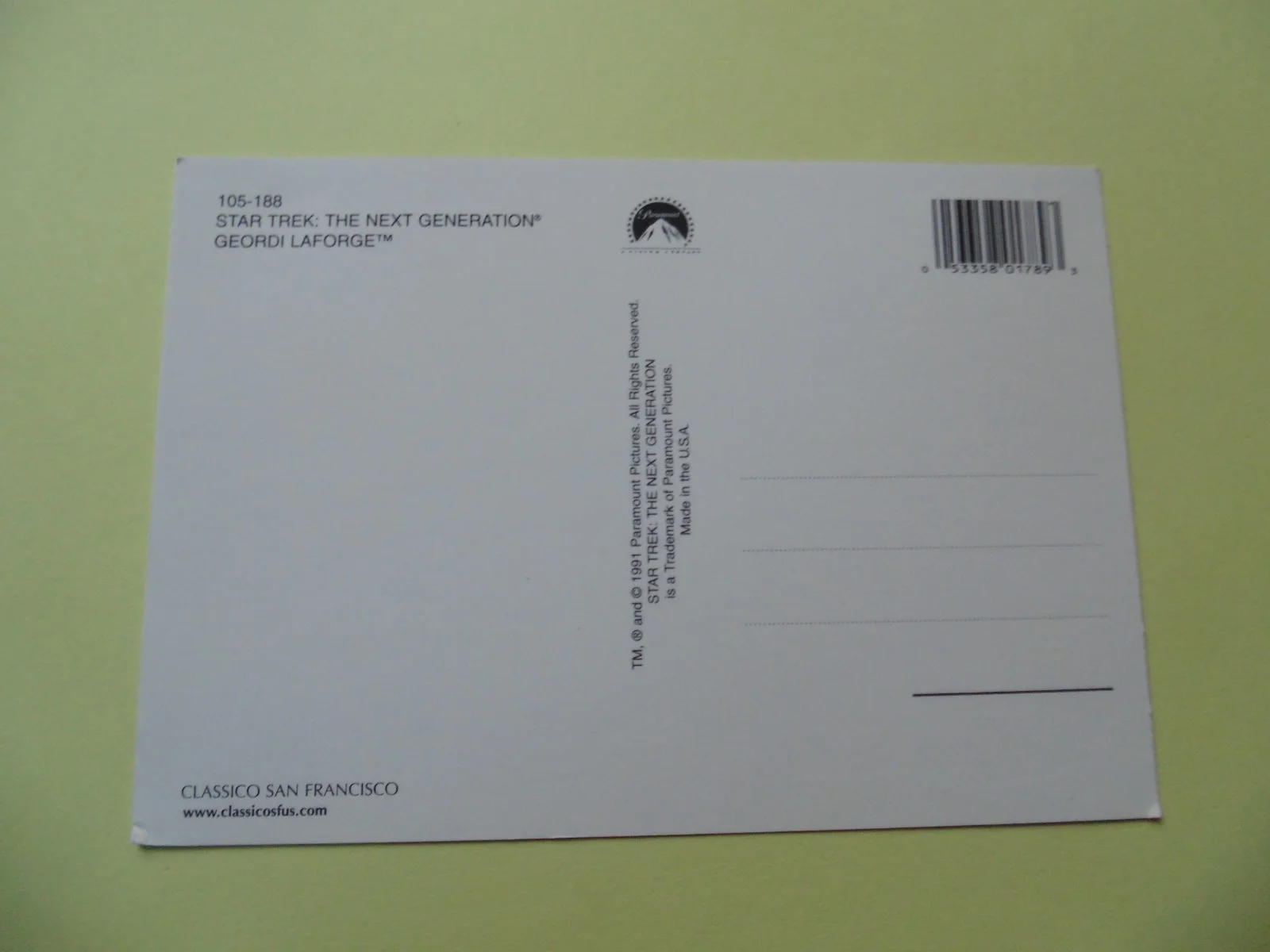 STARTREK Postcard: The Next Generation - Geordi La Forge, Paramount Studios, image 2