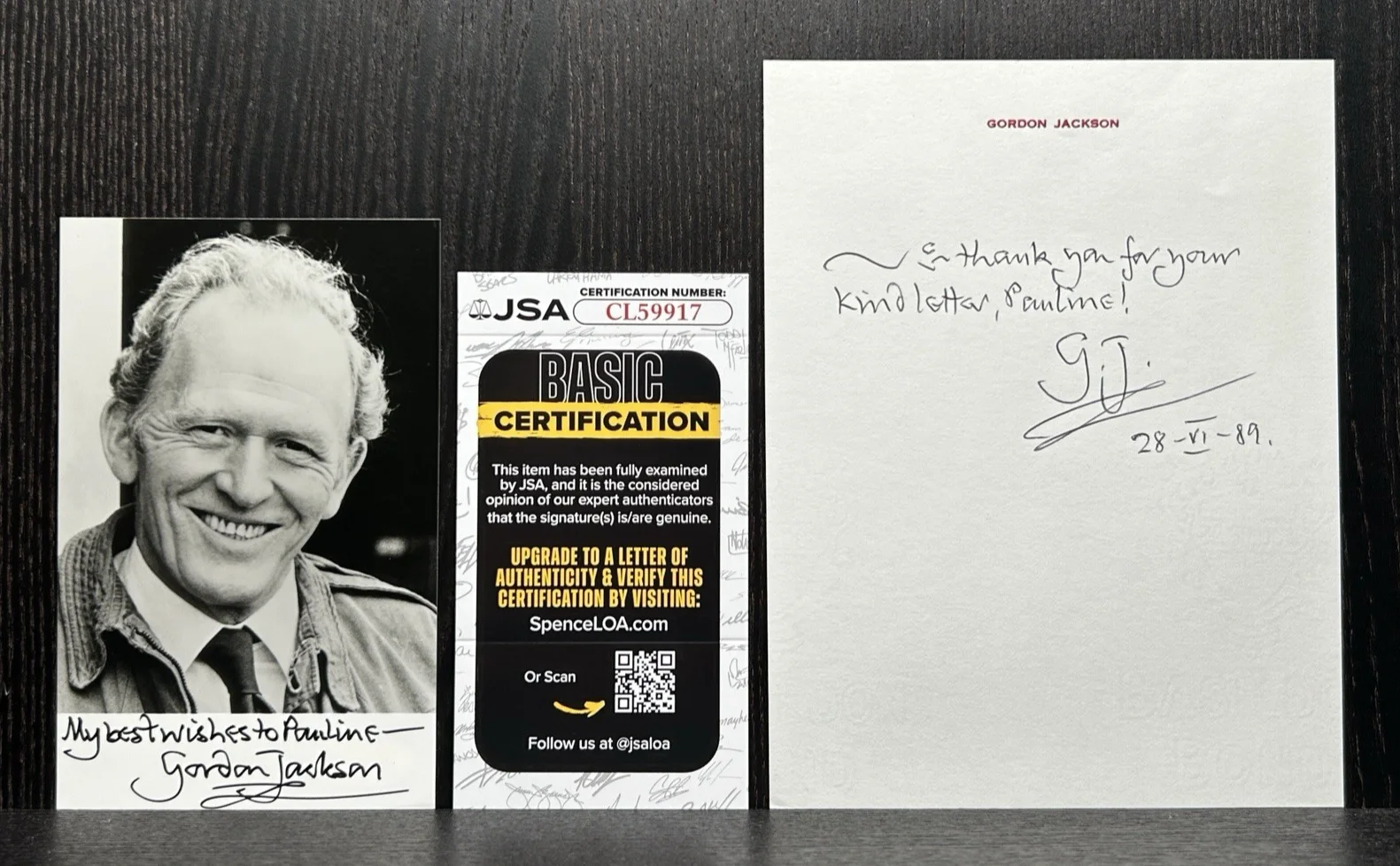Gordon Jackson — Gordon Jackson SIGNED PHOTO & NOTE Original Autographs JSA Upstairs Downstairs