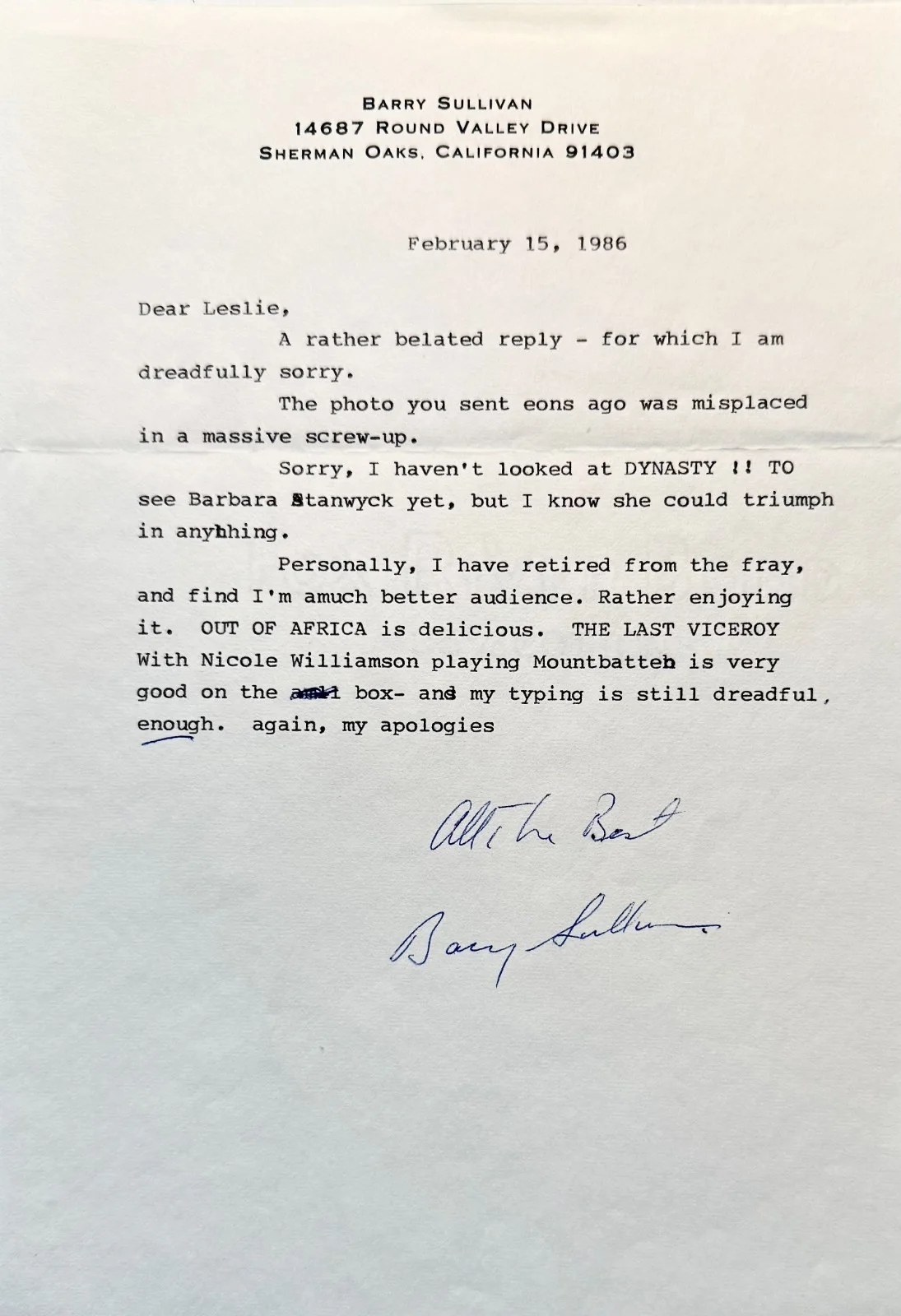 Barry Sullivan — BARRY SULLIVAN Signed Autographed Fan Letter w/corrections THE GANGSTER TENSION