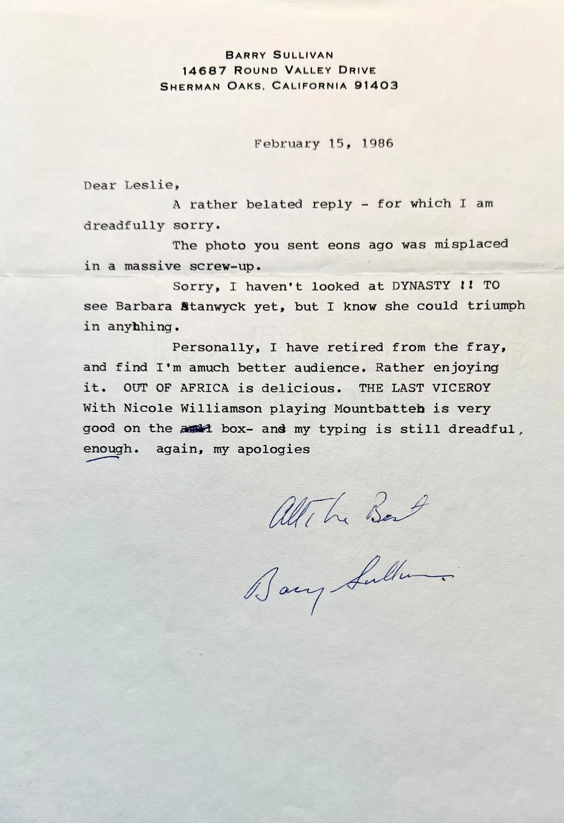 Barry Sullivan — BARRY SULLIVAN Signed Autographed Fan Letter w/corrections THE GANGSTER TENSION, изображение 5