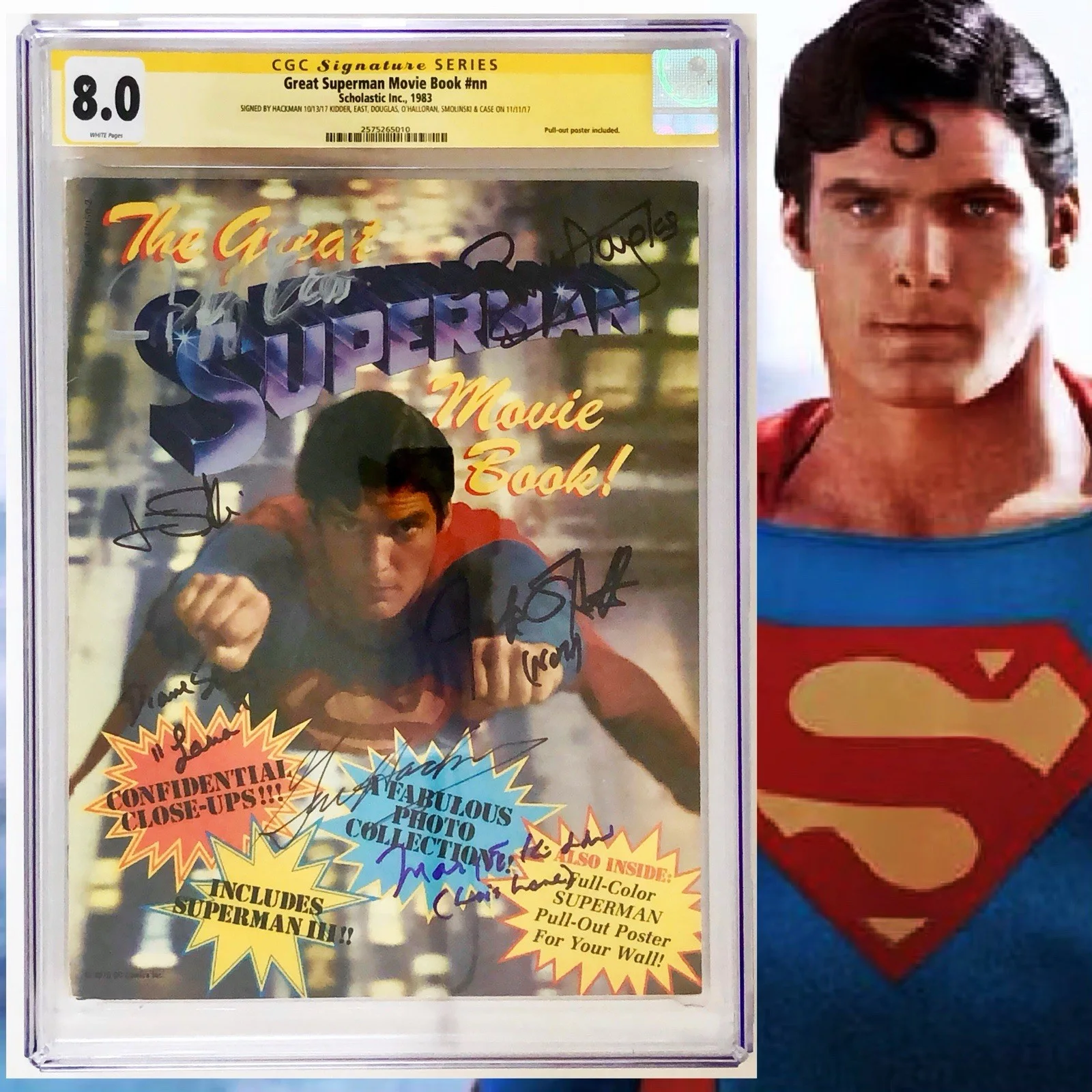 Gene Hackman, Margot Kidder, Sarah Douglas, Jeff East, Jack O'Halloran, Aaron Smolinski, Diane Sherry Case — CGC 8.0 SS Great Superman Movie Book signed by Hackman, Kidder, Douglas +4 1983