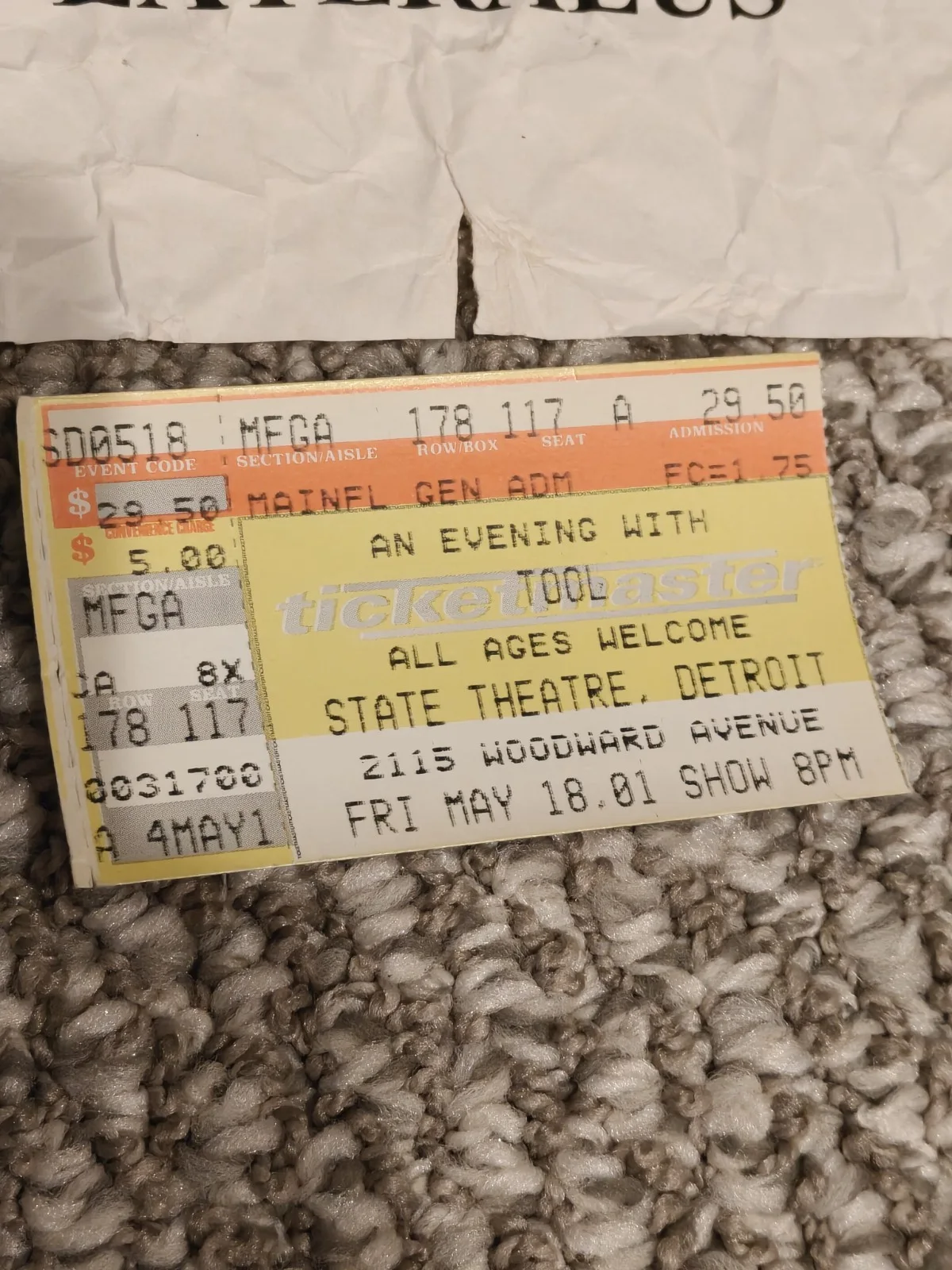 TOOL LATERALUS Detroit 2001 SHOW USED SETLIST With Ticket Stub From Show! Relic!, image 2