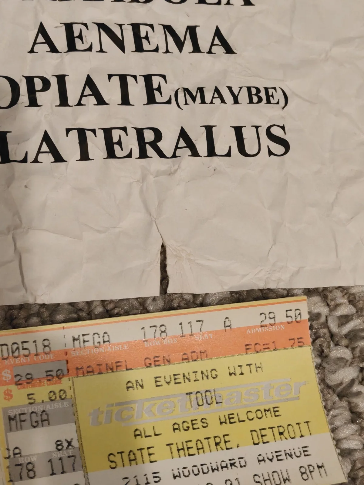 TOOL LATERALUS Detroit 2001 SHOW USED SETLIST With Ticket Stub From Show! Relic!, image 5