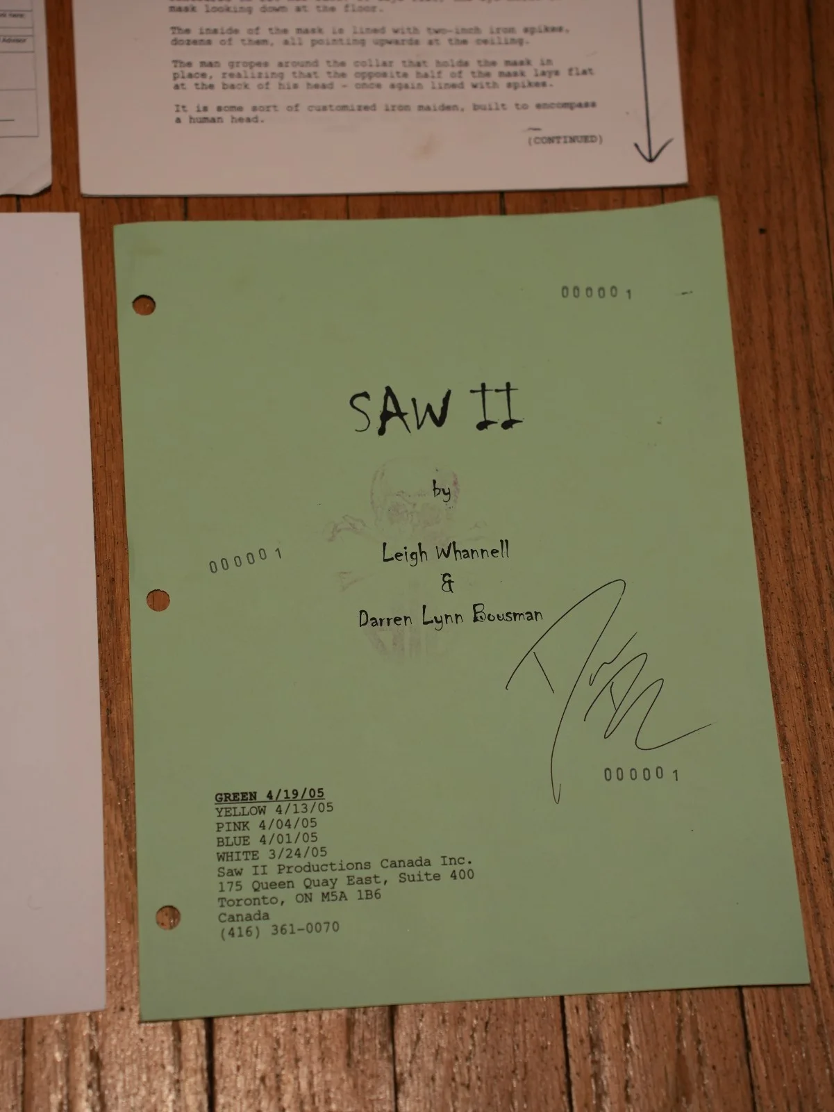 SAW 2 DIRECTOR DARREN BOUSMAN SIGNED PRODUCTION USED PRODUCTION ART & PAPERWORK, изображение 3