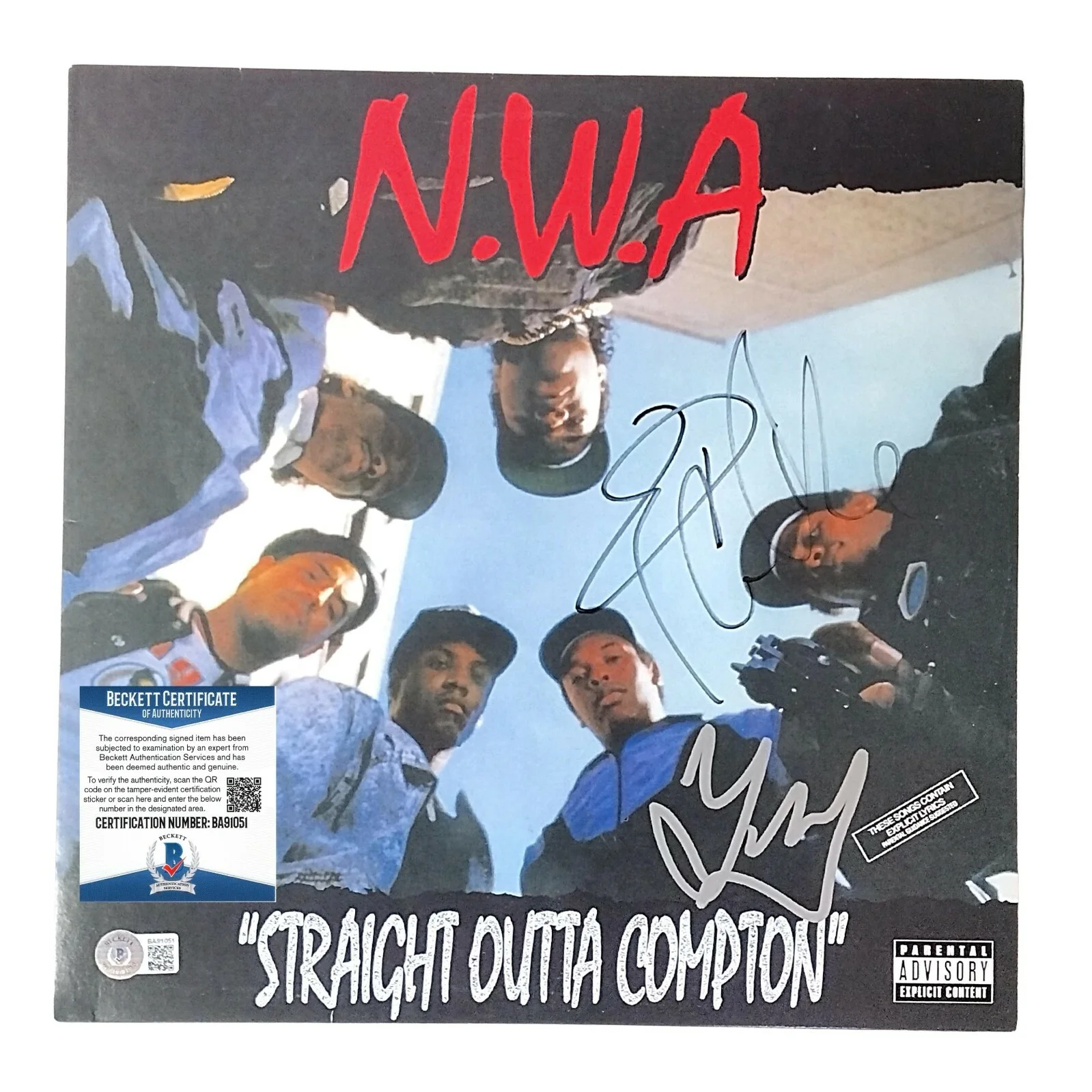 Ice Cube, DJ Yella — Ice Cube DJ Yella Signed Straight Outta Compton Vinyl Beckett BAS COA Rap Album, image 4