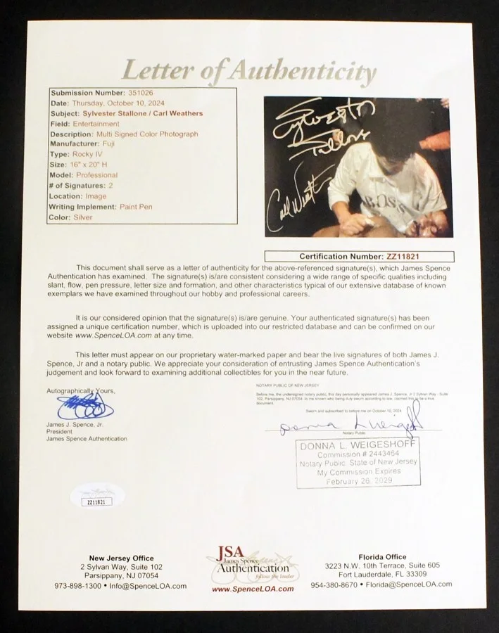 Sylvester Stallone, Carl Weathers — Huge 16x20 SYLVESTER STALLONE & CARL WEATHERS SIGNED Rocky IV Photo JSA LETTER!!, изображение 5
