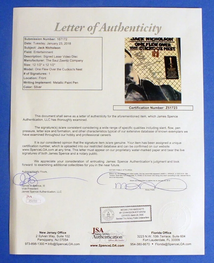Jack Nicholson — JACK NICHOLSON SIGNED JSA COA - One Flew Over Cuckoo's Nest Framed Laserdisc!, image 3