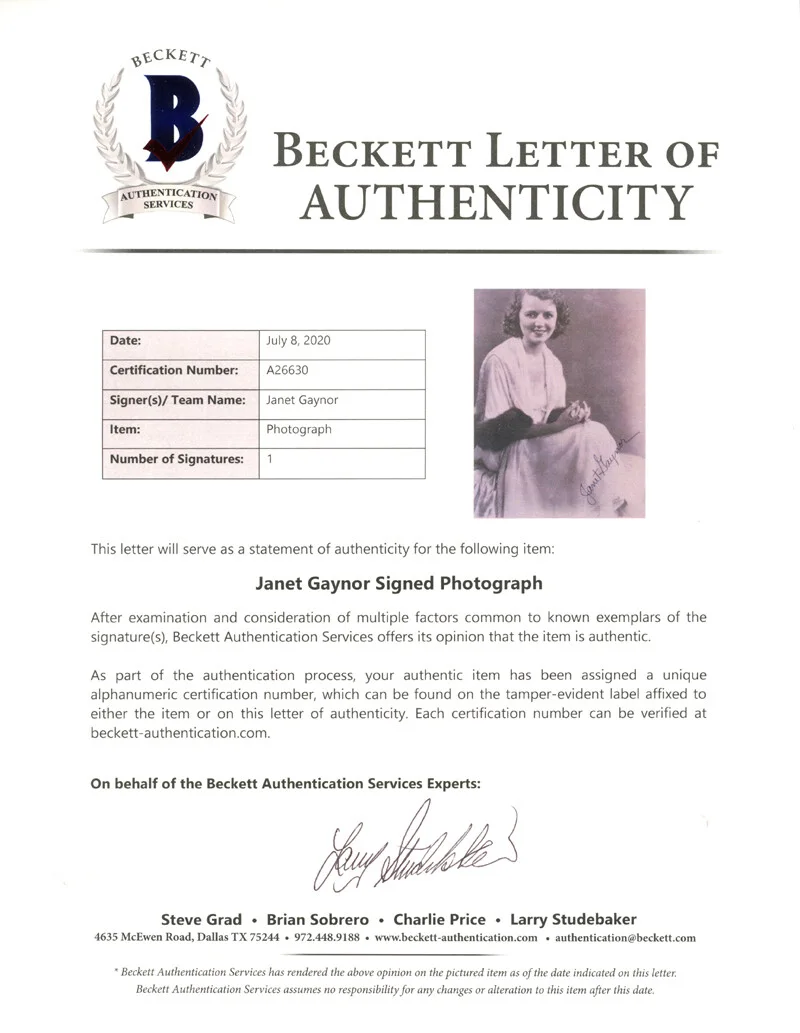 JANET GAYNOR SIGNED AUTOGRAPHED 8x10 PHOTO HOLLYWOOD LEGEND RARE BECKETT BAS LOA, изображение 2