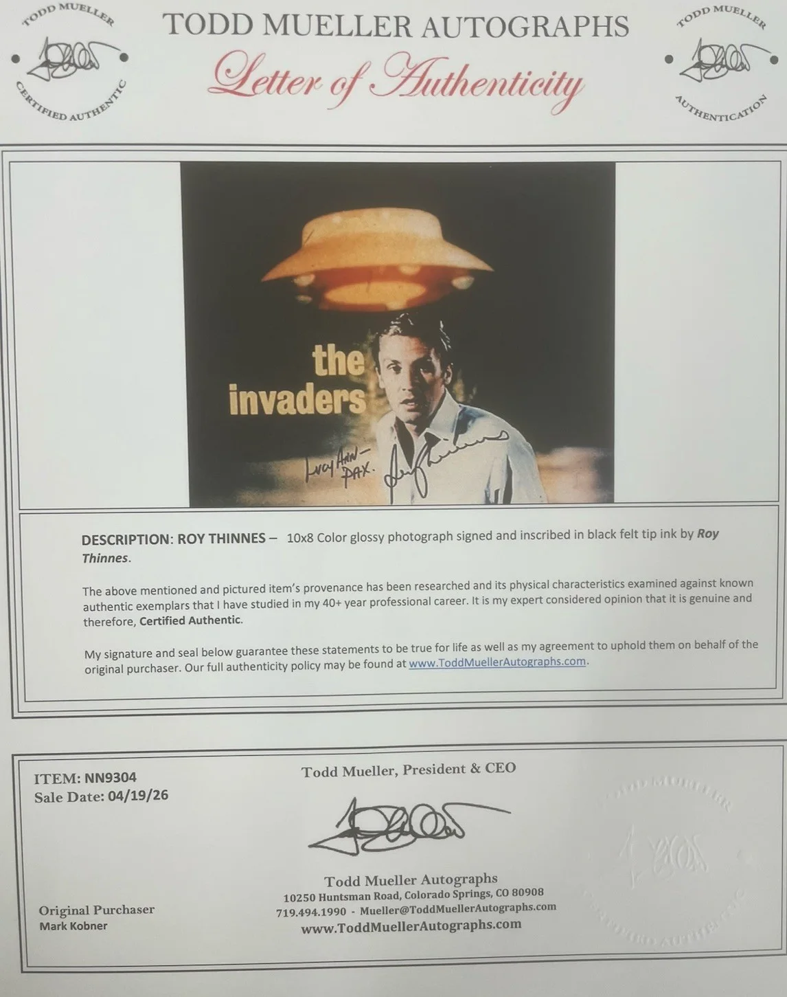 Roy Thinnes — Roy Thinnes “The Invaders” Signed 8x10 Photo With COA, image 2