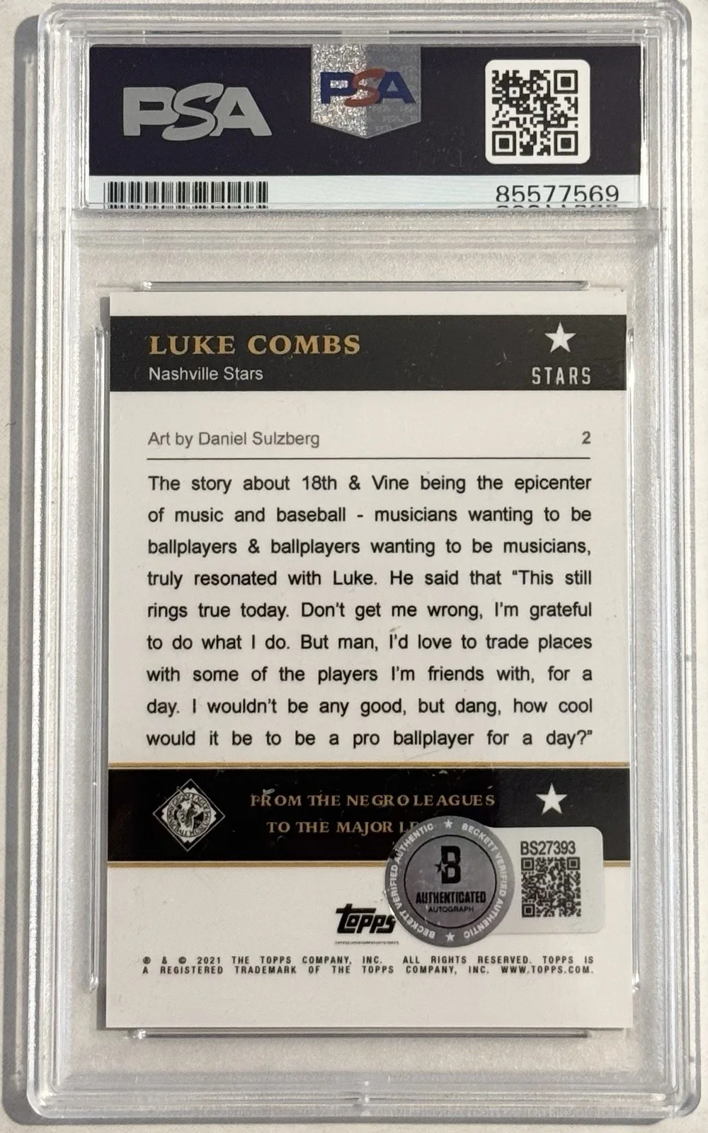 Luke Combs Signed Auto 2021 Topps Nashville Stars Card Rare PSA/DNA Slabbed, image 2