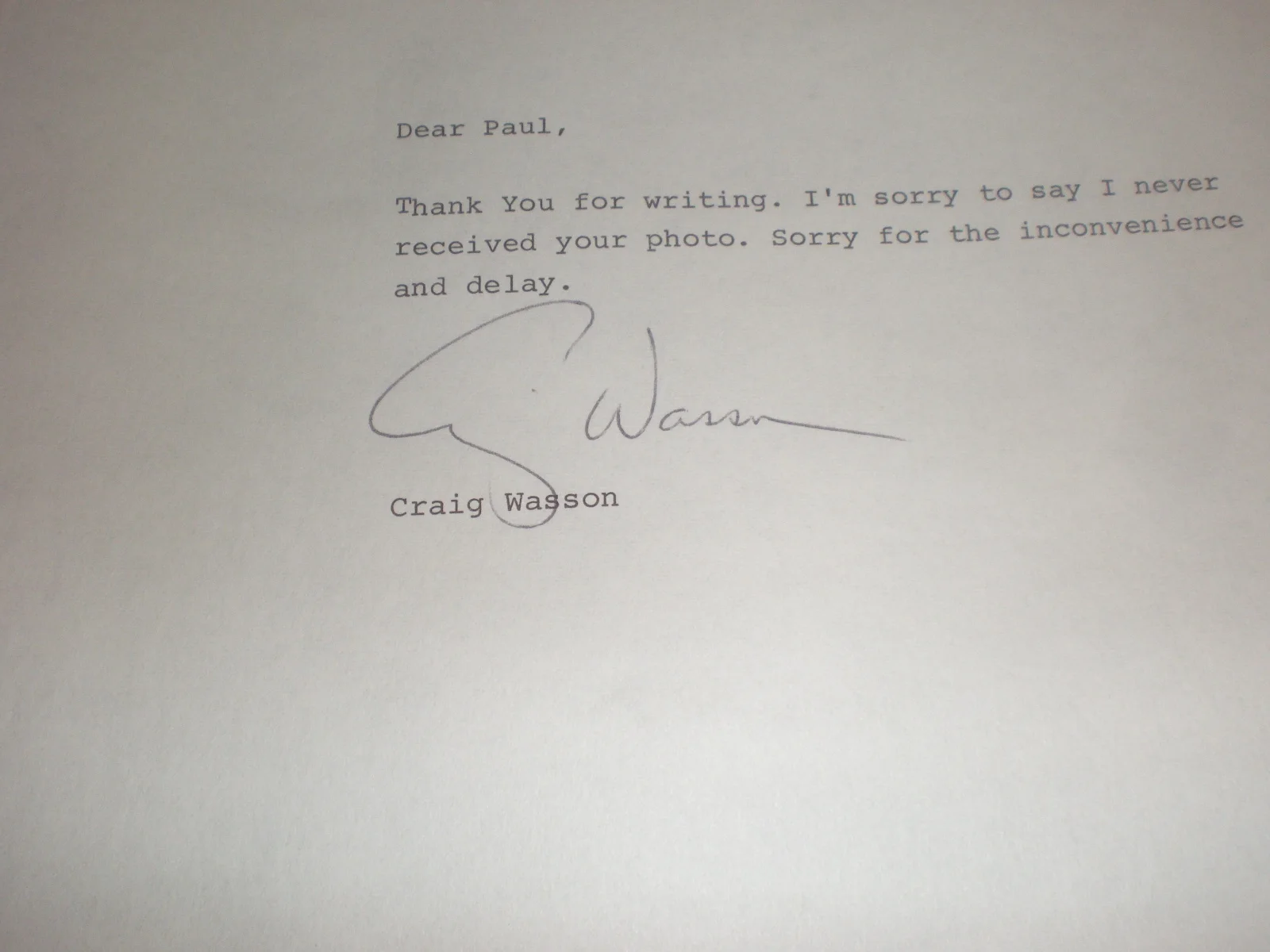 Craig Wasson — CARIG WASSON Autographed Inscribed Photo w / typed letter signed by Actor 8x10, изображение 3
