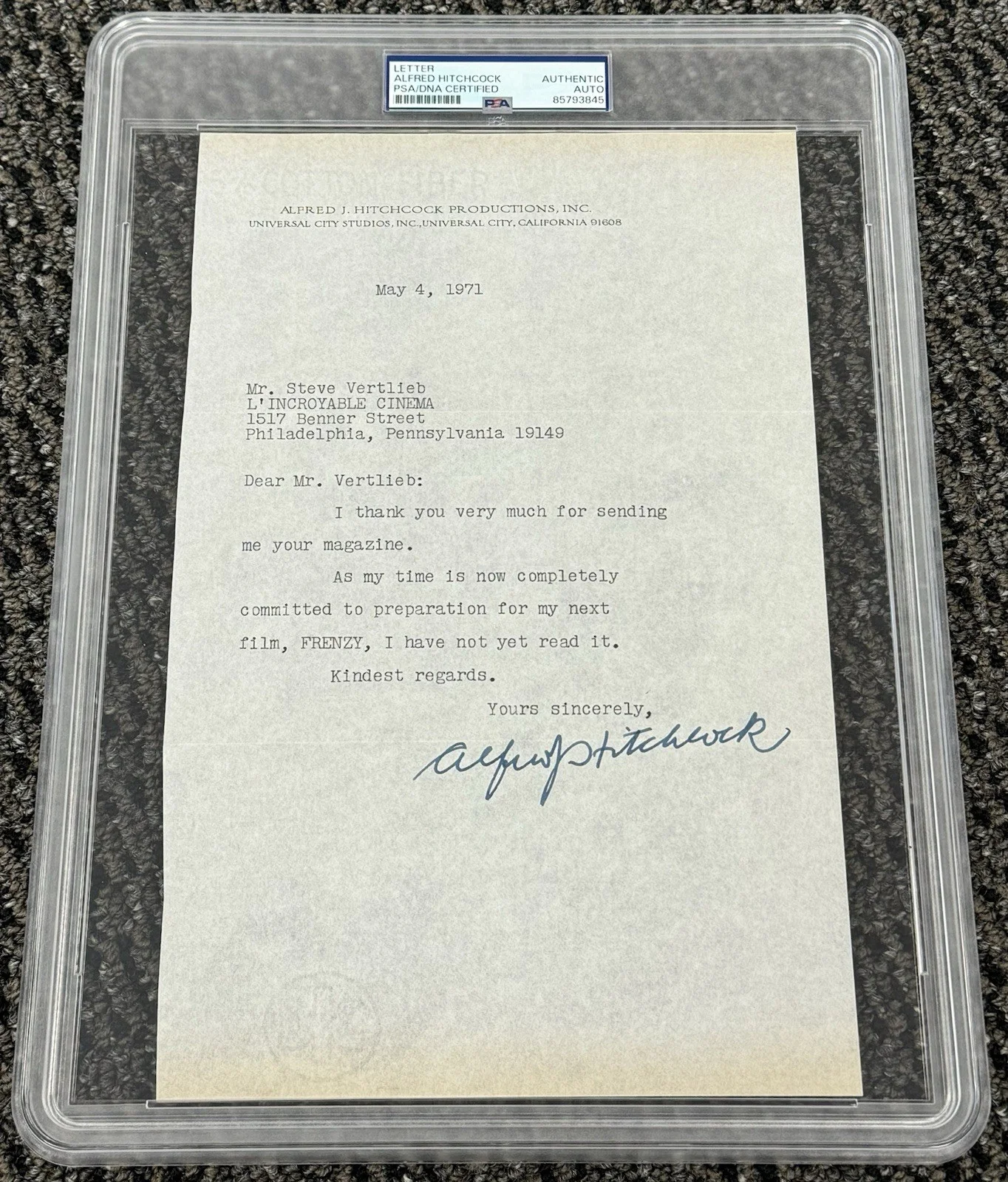 Alfred Hitchcock — Alfred Hitchcock Signed Autograph 7x11 1971 Typed Letter PSA/DNA Encapsulated