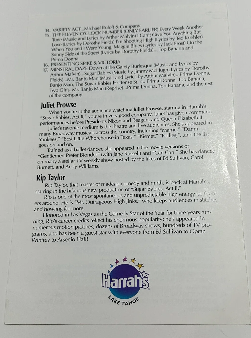 Juliet Prowse — Sugar Babies Act II Flyer Signed Juliet Prowse & Matt Bezmarevich Harrahs Tahoe, изображение 2