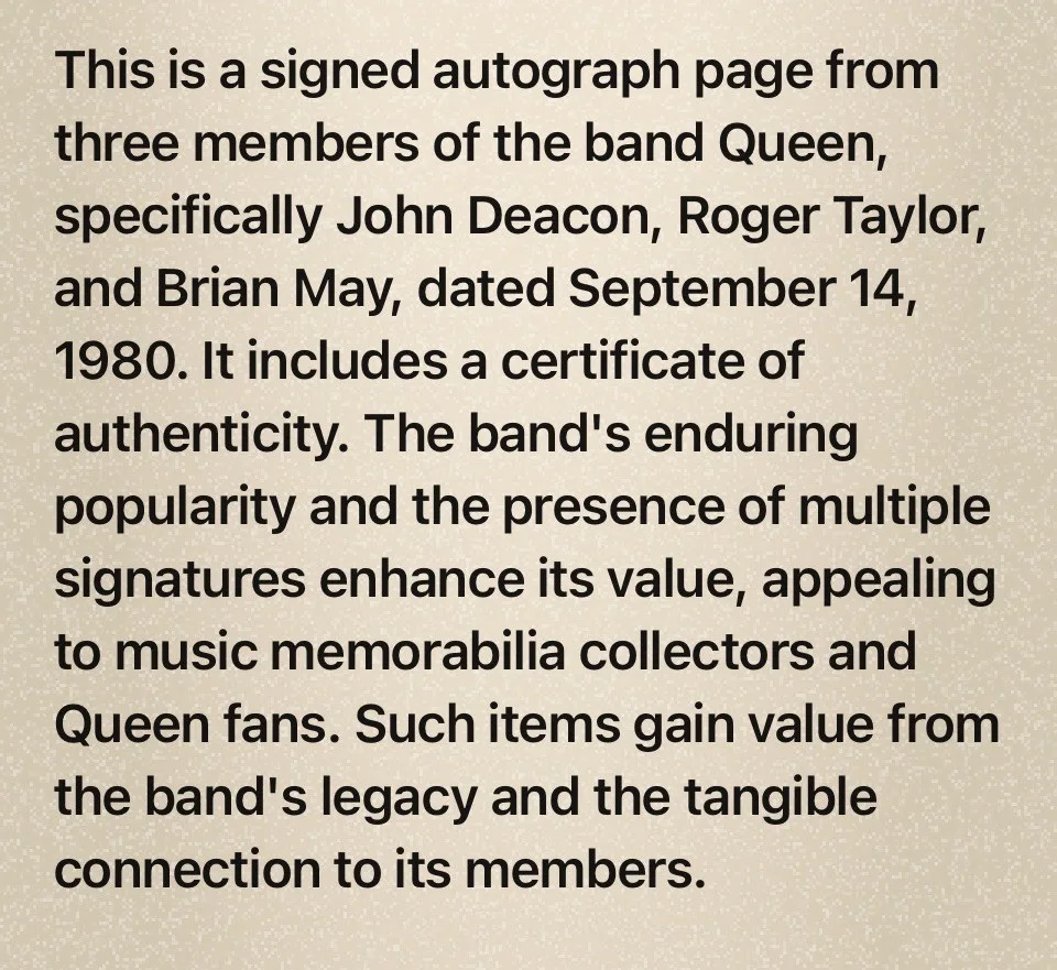 Queen Signed Autograph Page Original Music Memorabilia September 14, 1980, изображение 3