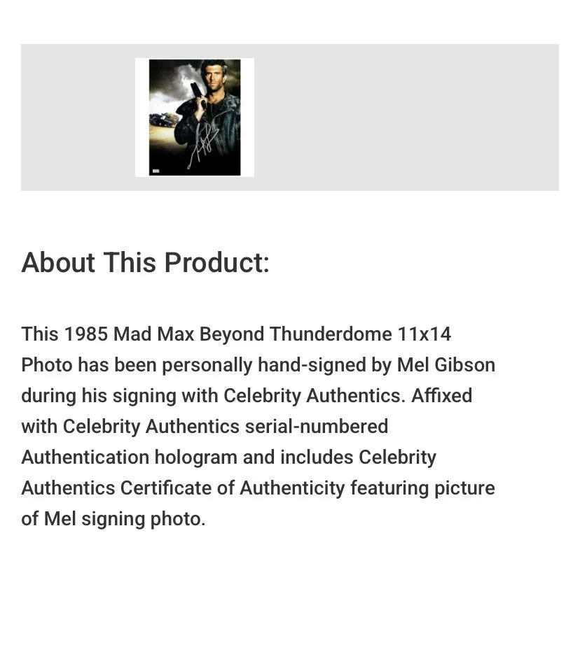 Mel Gibson — Mel Gibson "Mad Max" Signed 11x14 Photo - Celebrity Authentics Cert C117192, изображение 4
