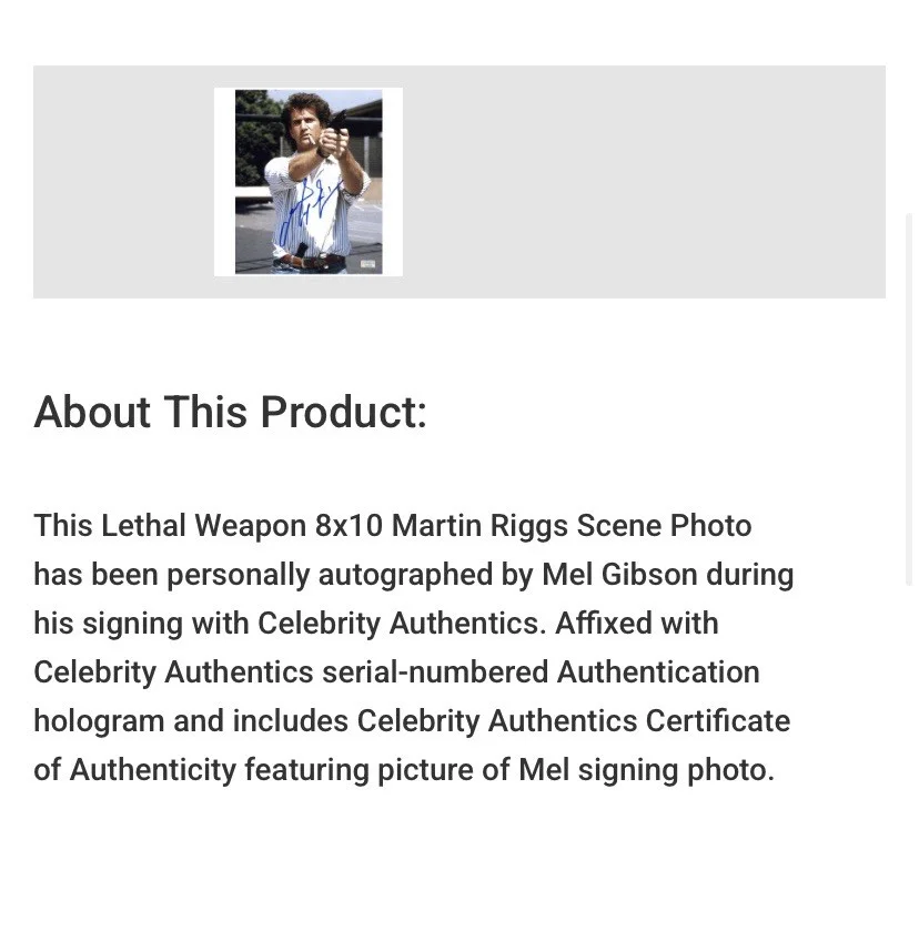 Mel Gibson — Mel Gibson "Lethal Weapon" Signed 8x10 Photo - Celebrity Authentics Cert C173940, image 4