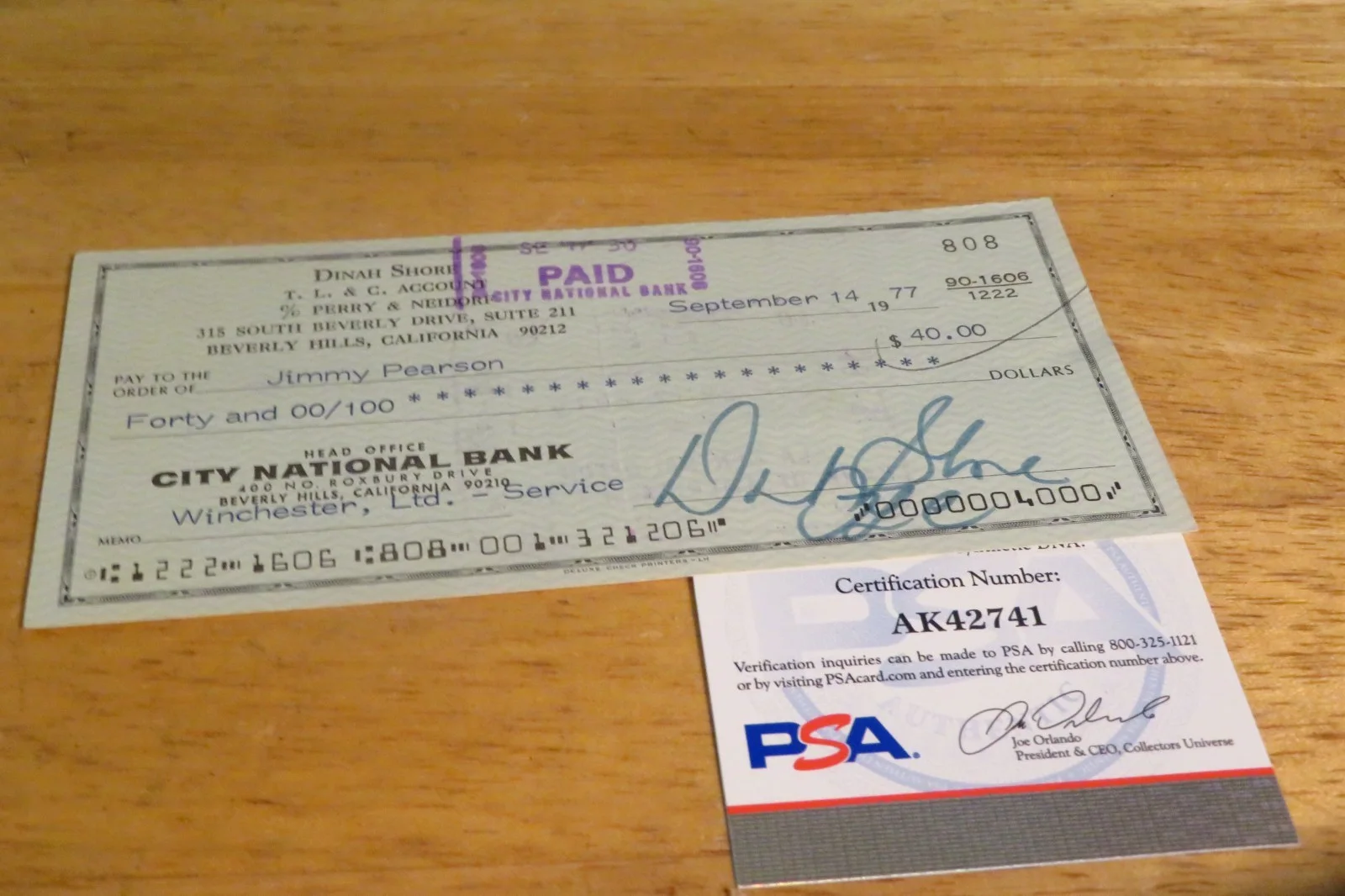 Dinah Shore — Dinah Shore PSA Signed Autographed Bank Check Singer Actress 9/14/77 (9)